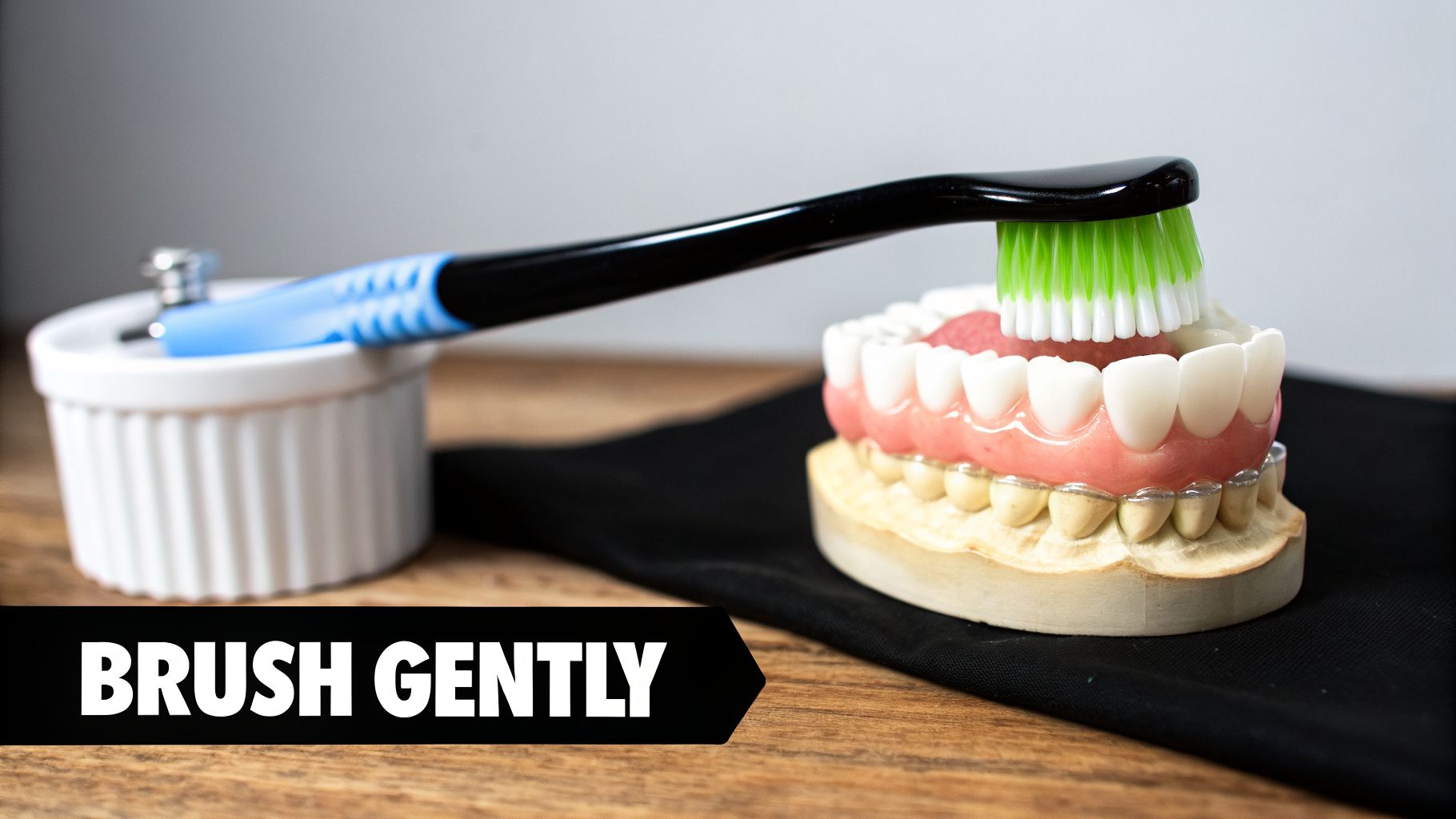 A black toothbrush with green and white bristles gently brushes a dental model, conveying the message 'BRUSH GENTLY'.