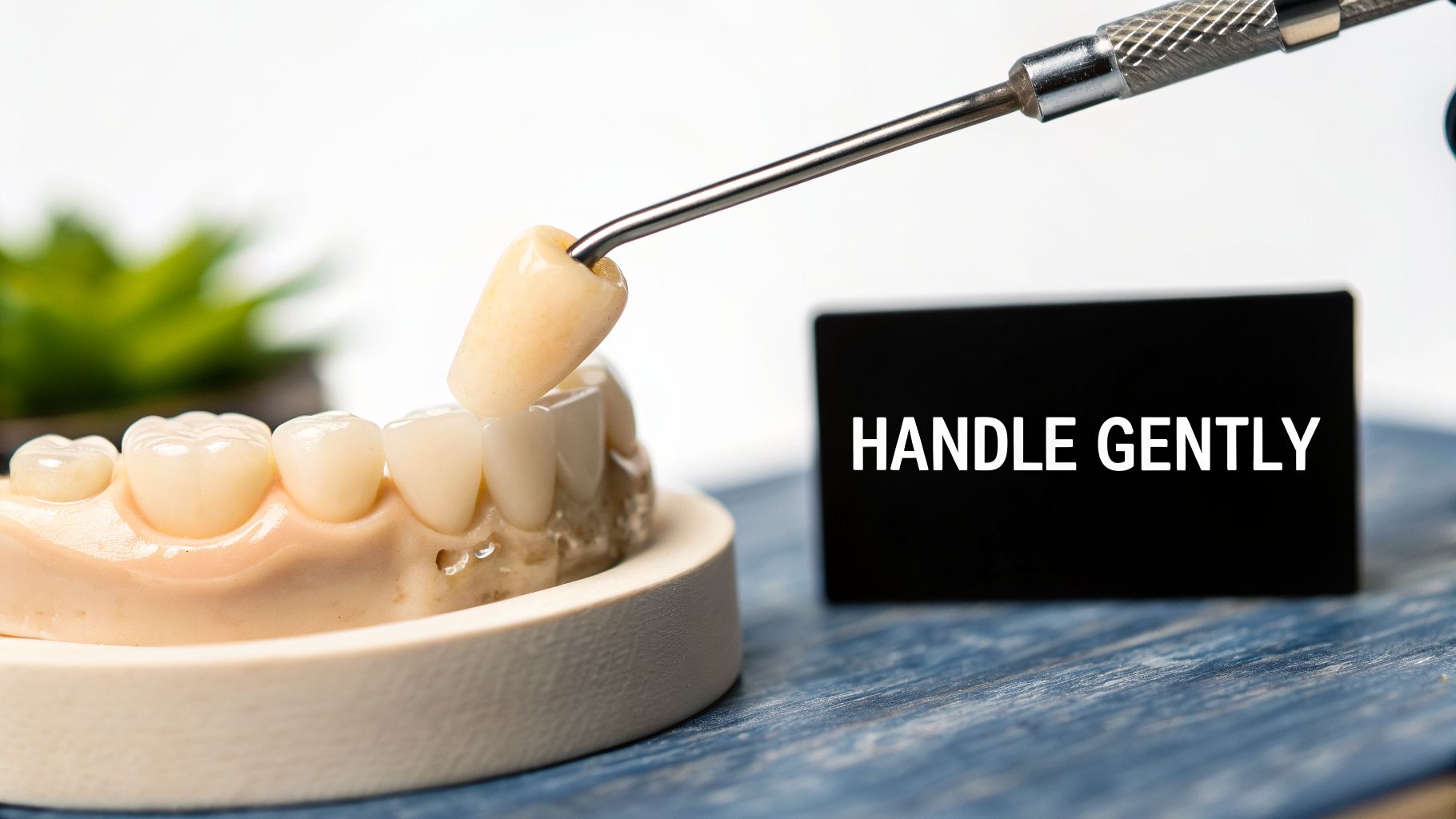 A dental professional carefully placing a tooth crown onto a dental model, with a 'Handle Gently' sign.