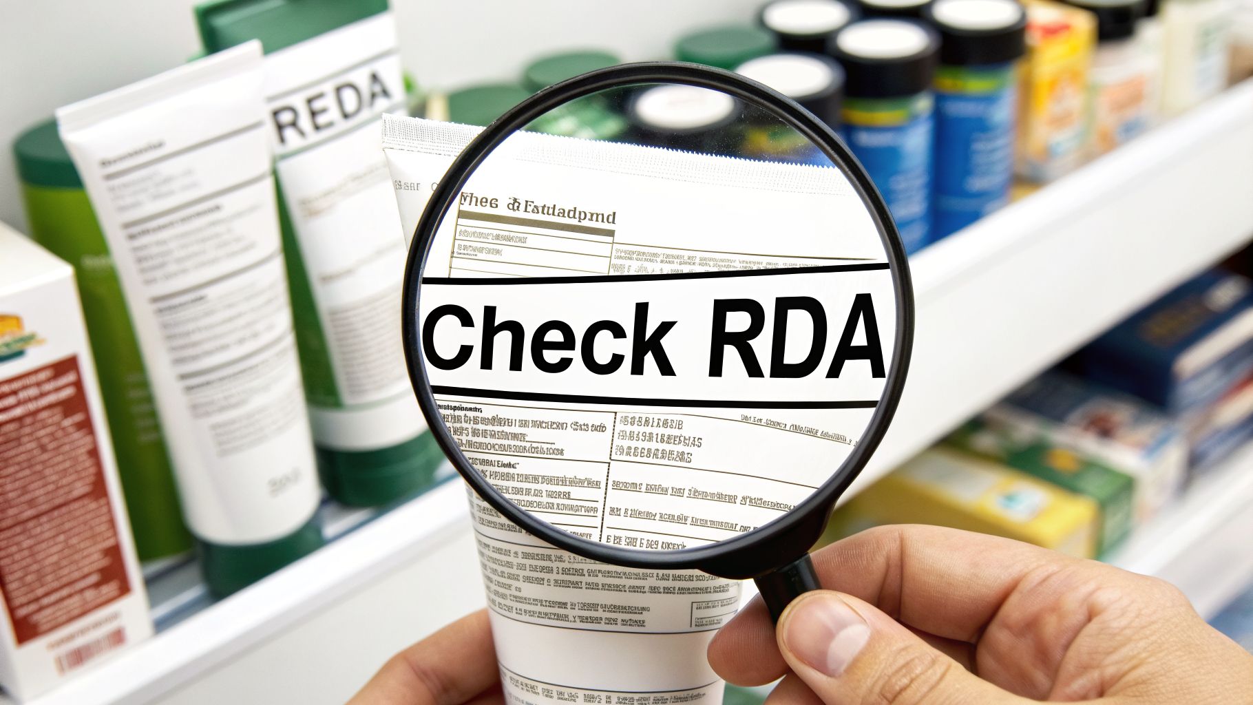 A hand holds a magnifying glass over a product label, highlighting 'Check RDA' text on a tube.