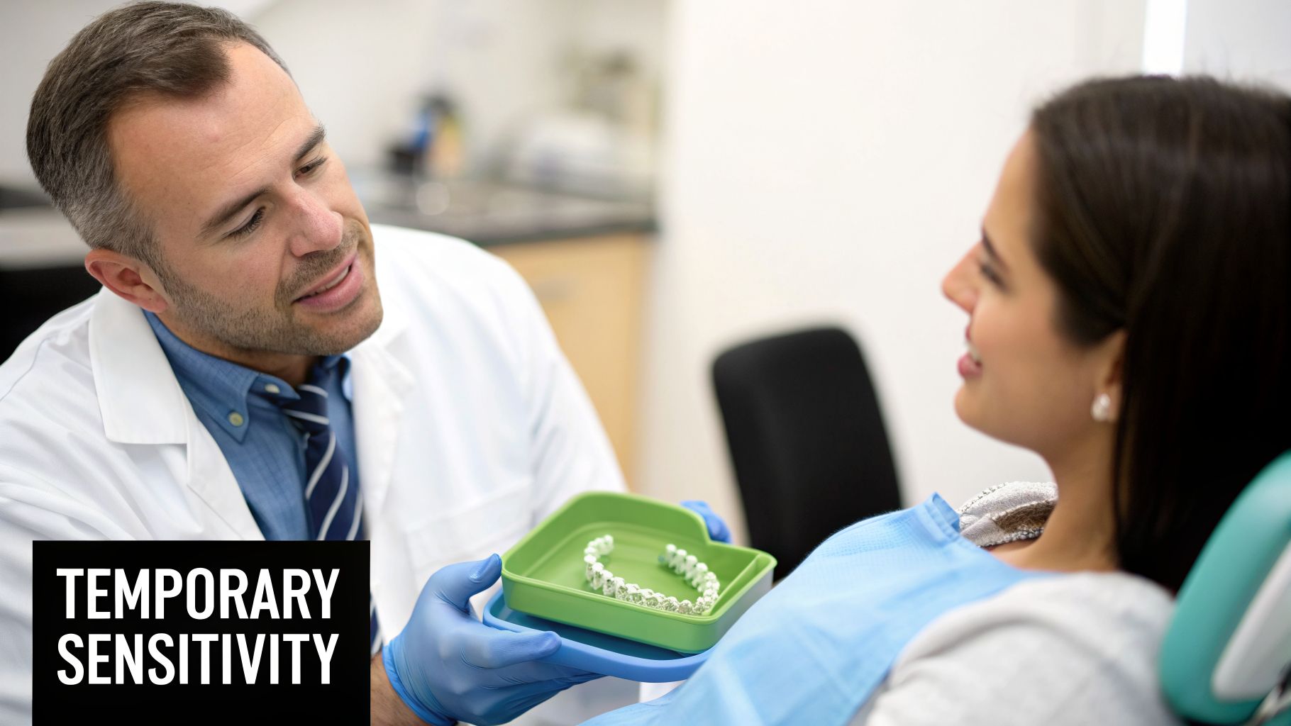 Dentist in blue gloves shows dental appliance in a green tray to a smiling female patient.