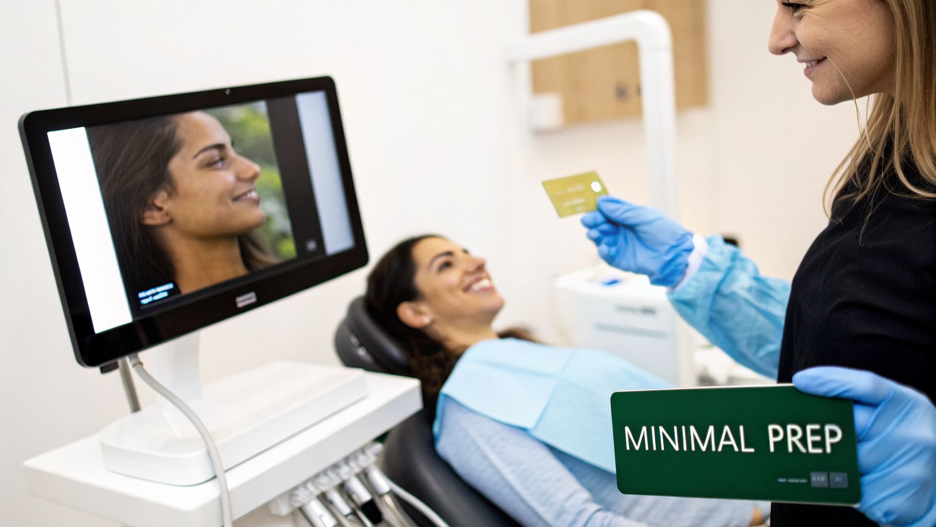 Dentist holds a 'MINIMAL PREP' sign and card for a smiling patient in a bright dental clinic.