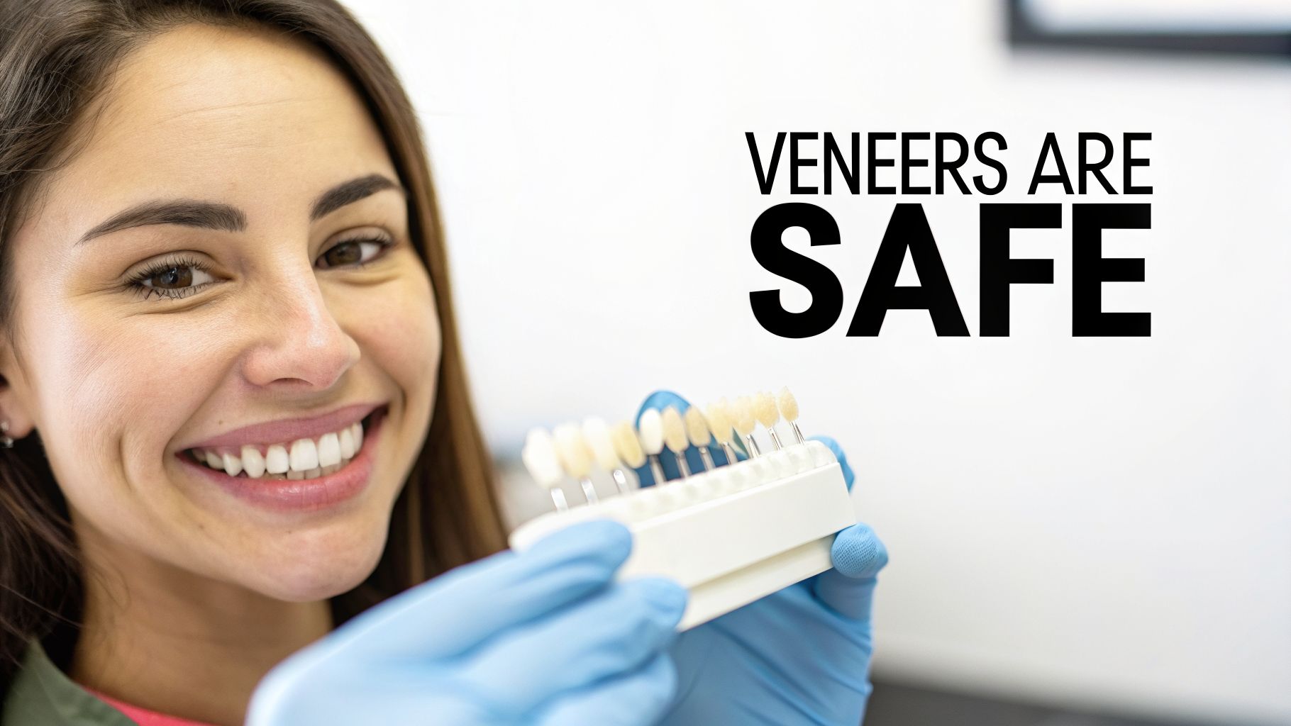 Smiling woman in blue gloves holds a dental shade guide, text says 'VENEERS ARE SAFE'.