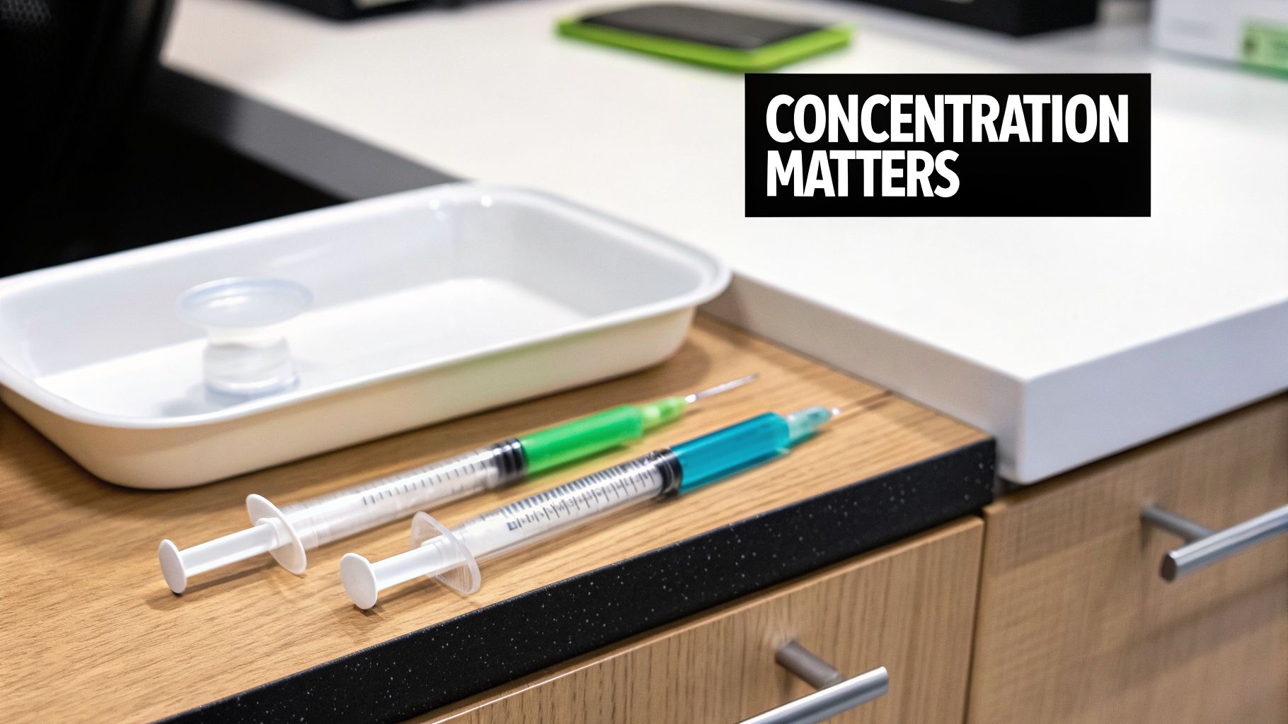 Two syringes with colored liquids on a counter, with a prominent 'CONCENTRATION MATTERS' text.