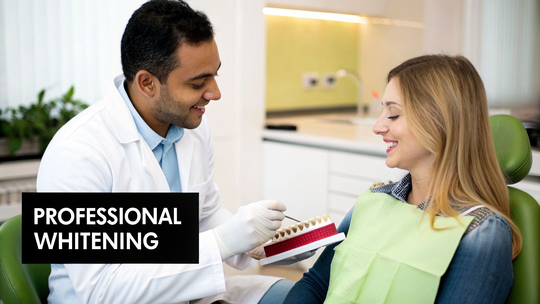 Dentist showing a tooth whitening model to a smiling female patient during a consultation.