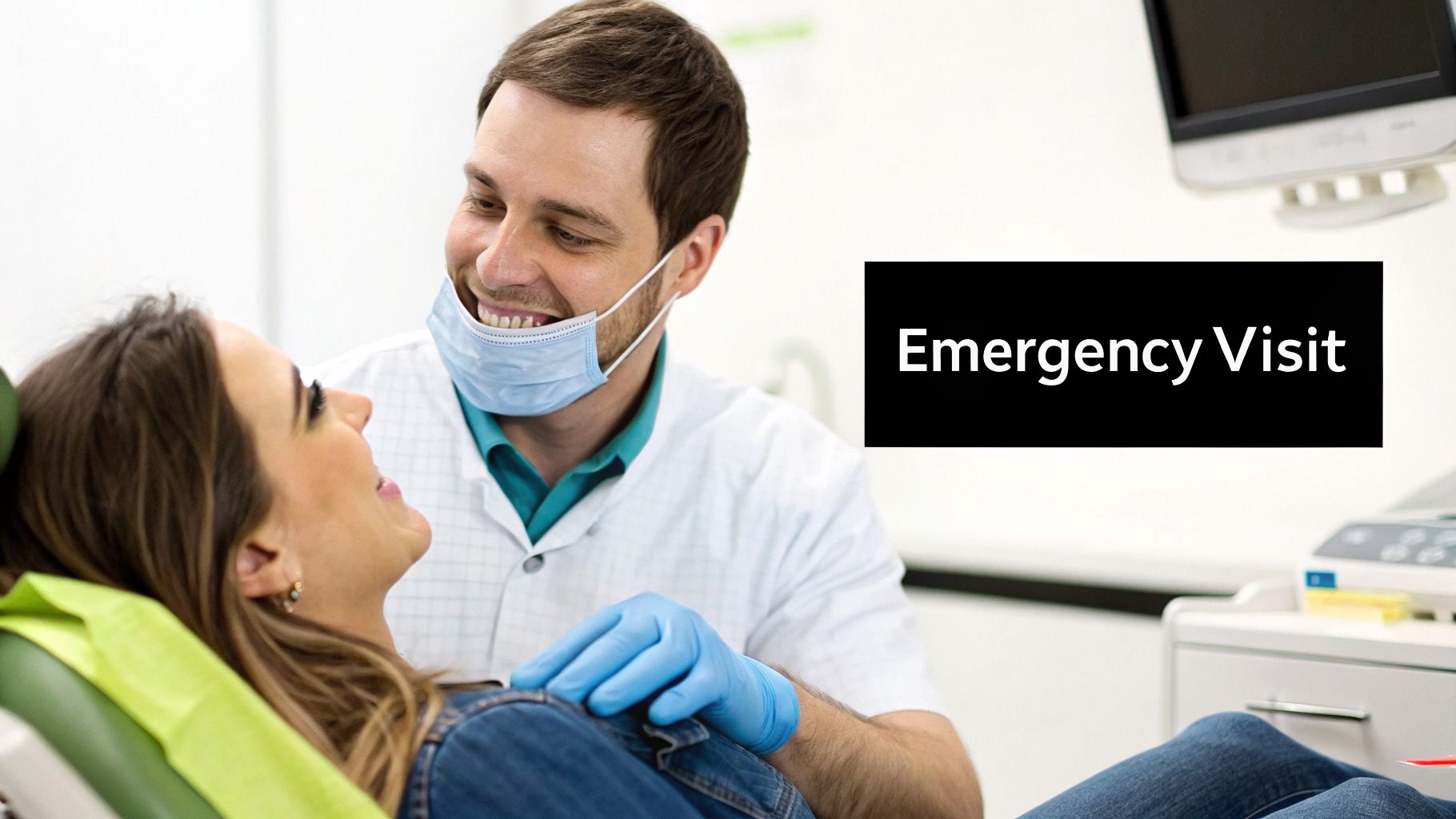 A smiling dentist wearing a mask and gloves attends to a female patient in a dental chair. Text says 'Emergency Visit'.