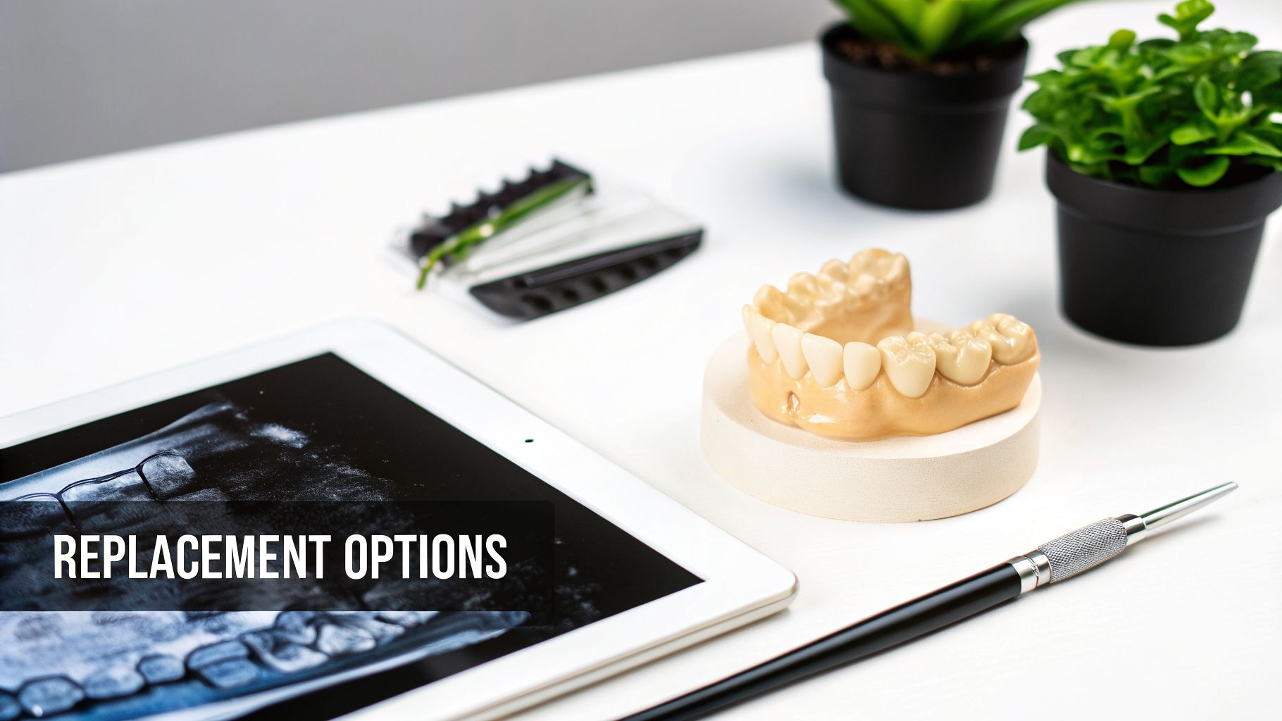 Dental office desk with tablet displaying dental X-ray, model of teeth, and 'REPLACEMENT OPTIONS' text.