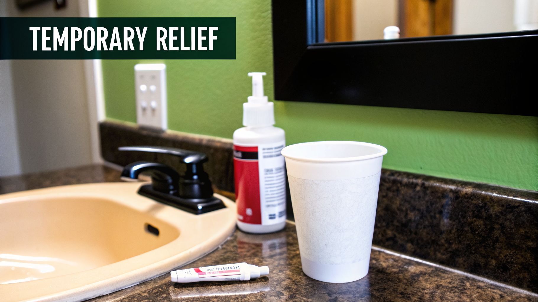 Bathroom counter with sink, faucet, white bottle, paper cup, and small tube, suggesting temporary relief.