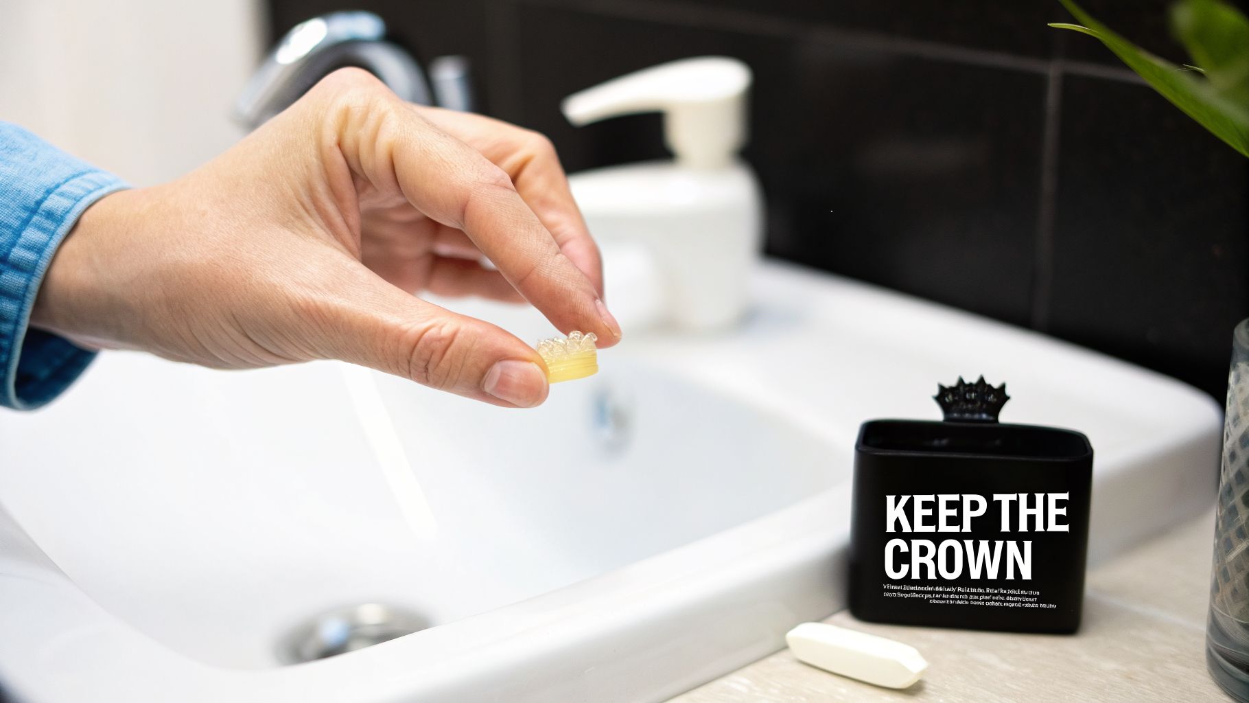 A person's hand holds a temporary dental crown above a bathroom sink next to a black "KEEP THE CROWN" container.