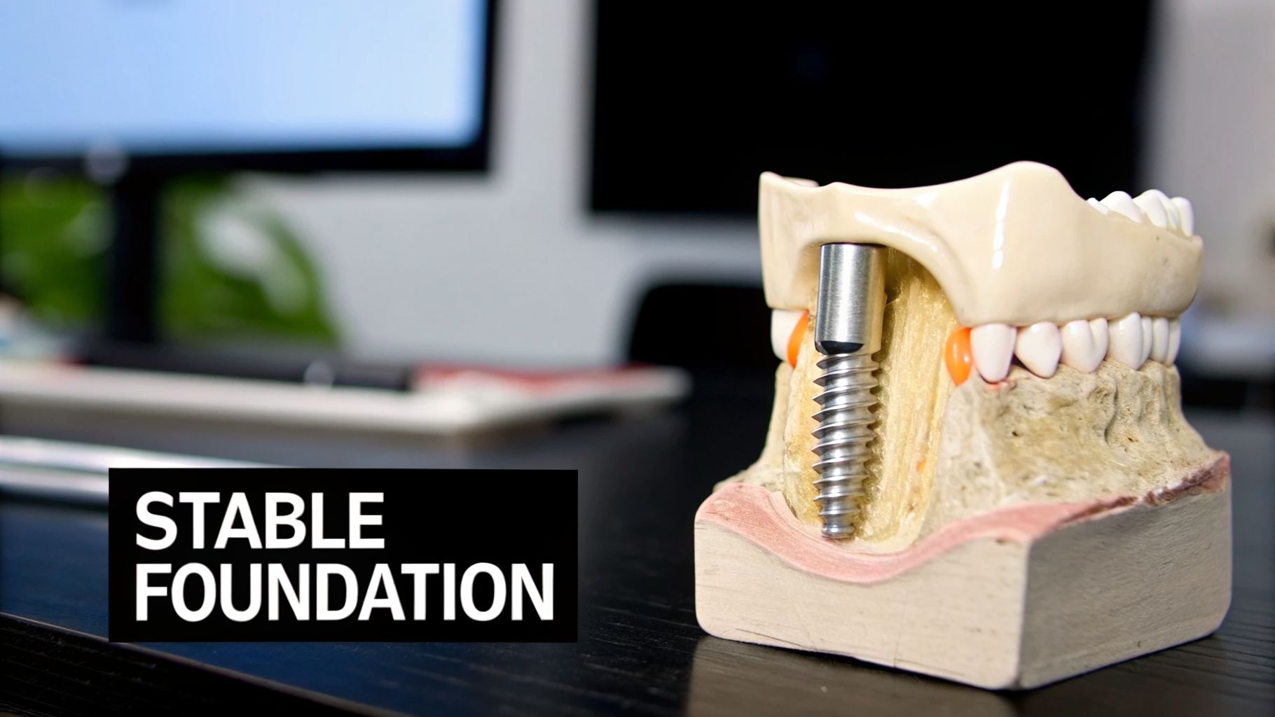A dental model shows a metal dental implant screwed into a jawbone, with the text 'STABLE FOUNDATION'.