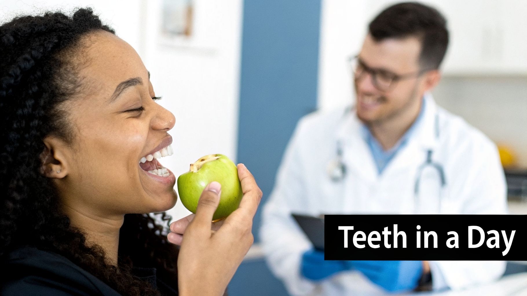 Happy woman biting an apple, showcasing healthy teeth, with a smiling dentist in the background.