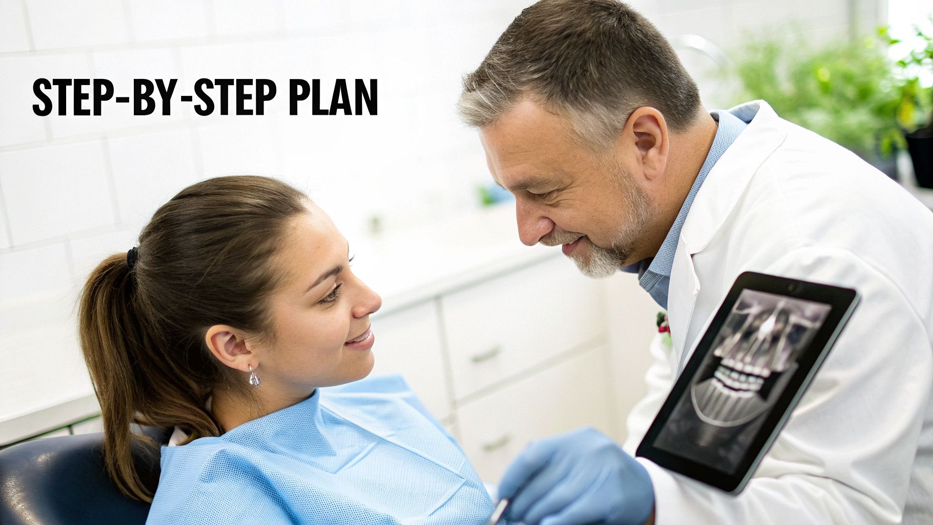 A dentist shows a patient a dental X-ray on a tablet, discussing a step-by-step plan.