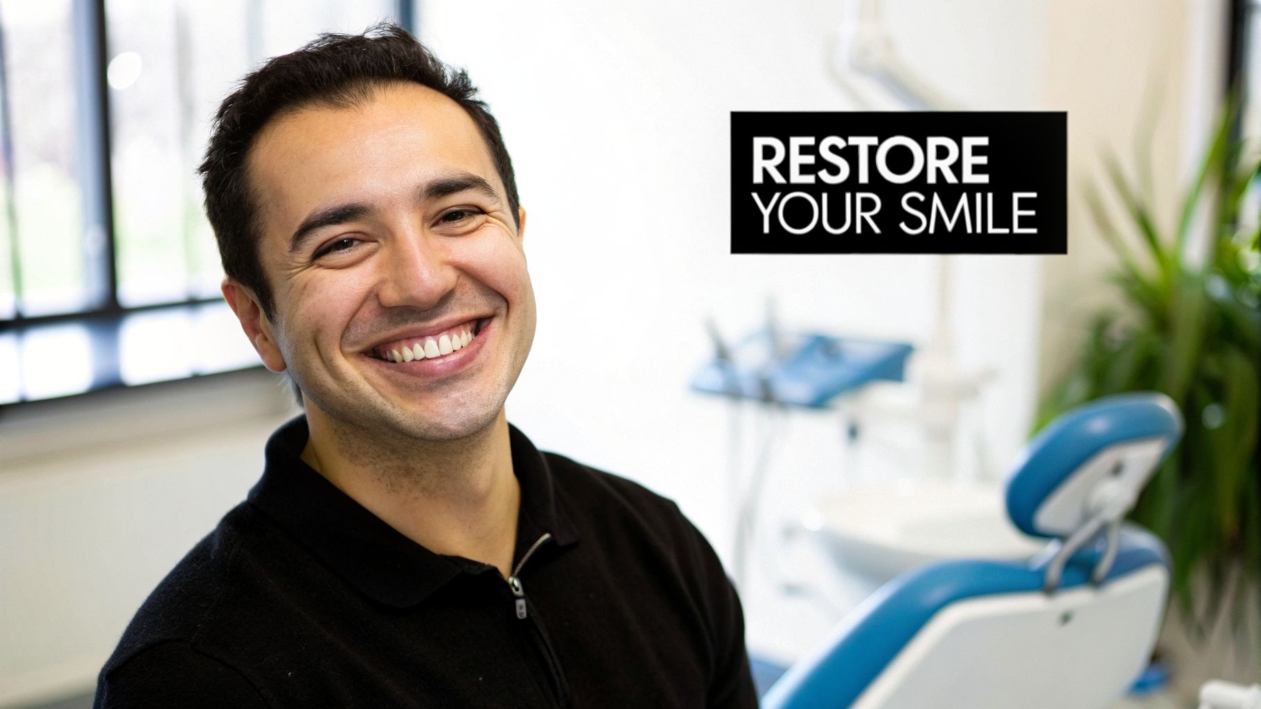 Smiling man in a modern dental office with a 'Restore Your Smile' sign in the background.
