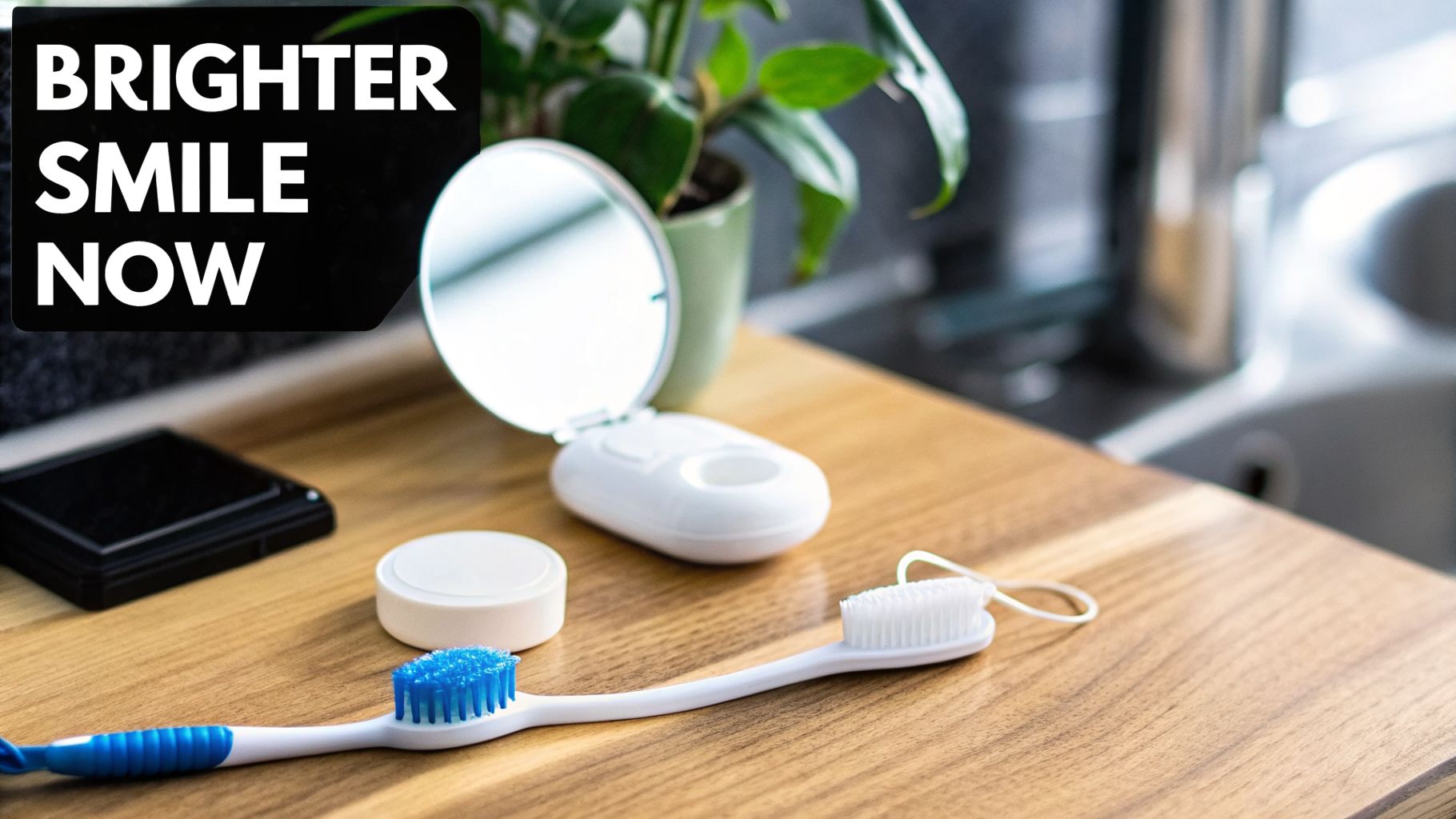 Dental hygiene items, including two toothbrushes, a mirror, and containers, arranged on a wooden counter.