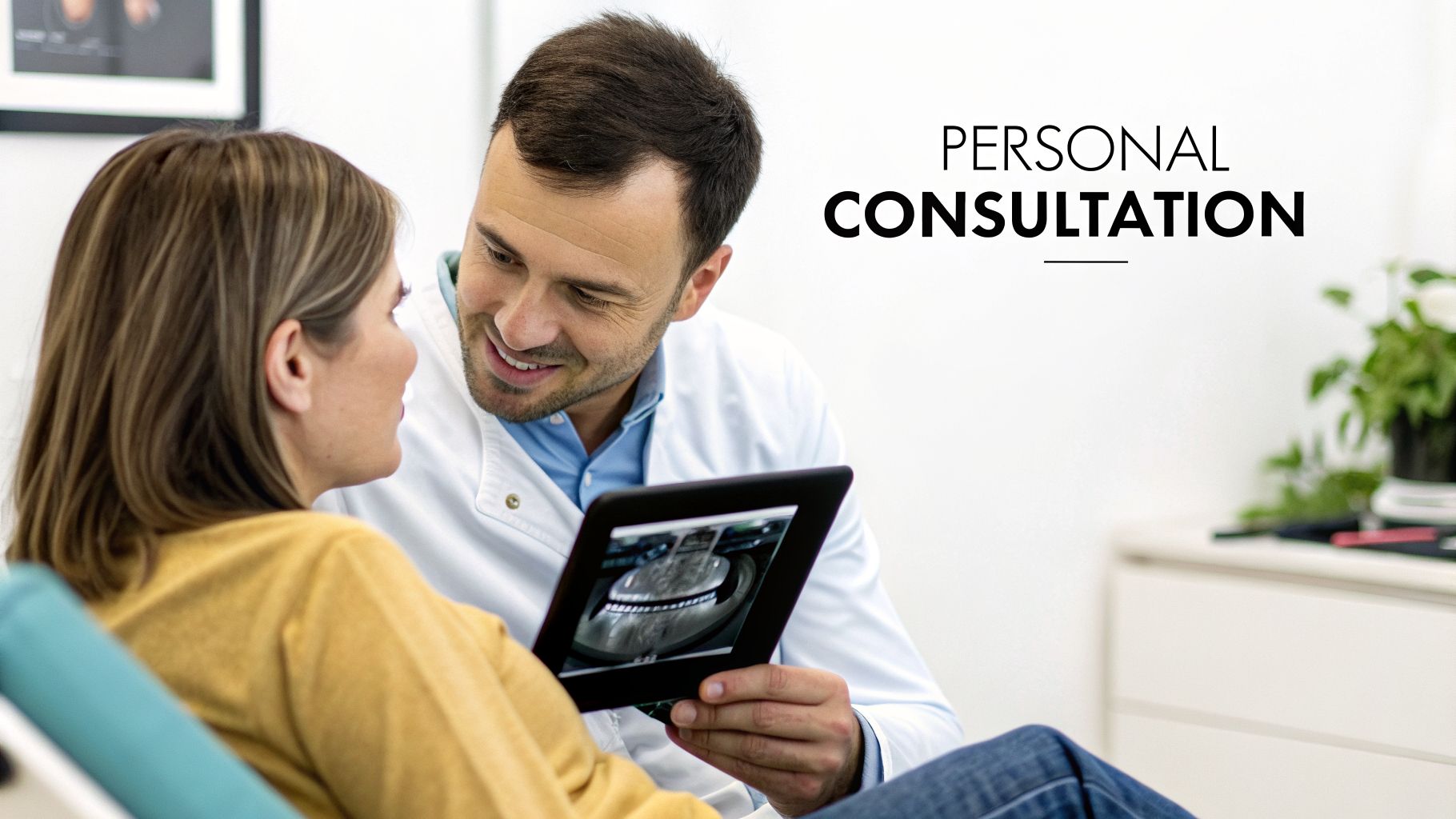 A smiling dentist shows dental X-rays on a tablet to a female patient during a consultation.