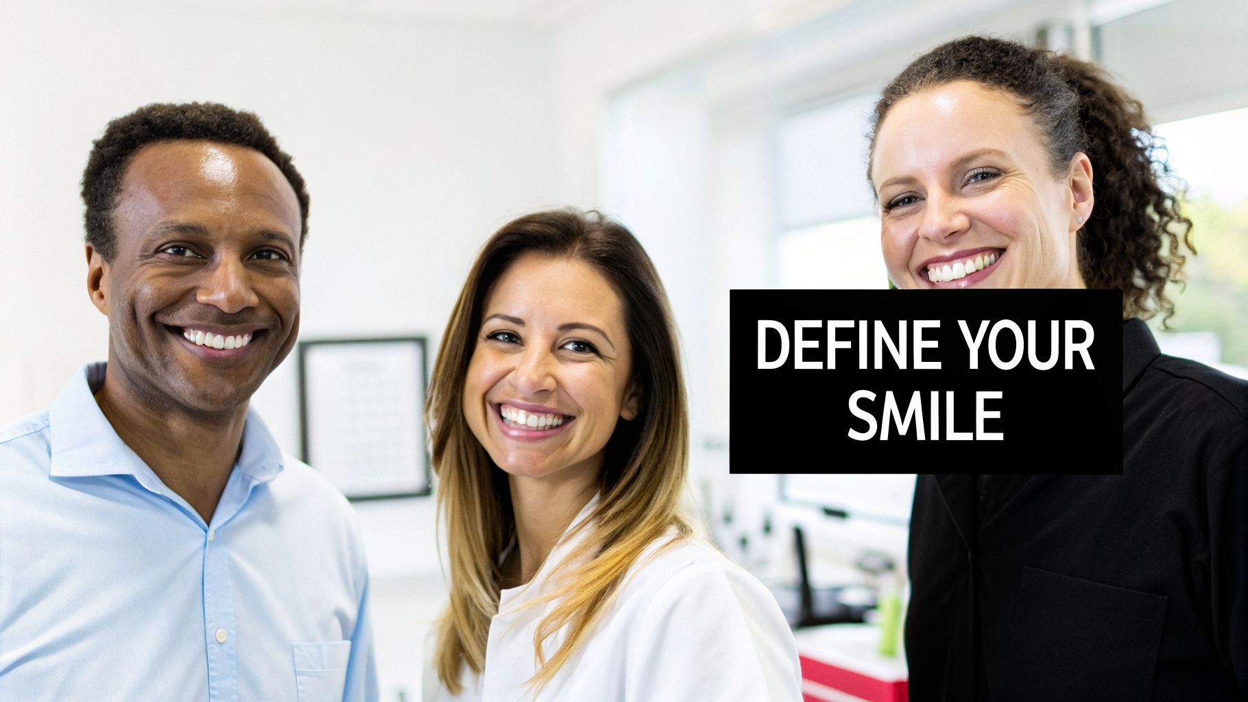 Three diverse people, two women and one man, smiling happily in a professional setting, with text 'DEFINE YOUR SMILE'.