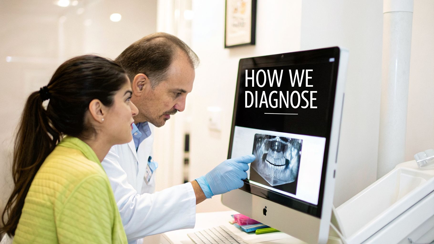 Dentist in blue gloves explains a dental X-ray on a computer screen to a female patient.
