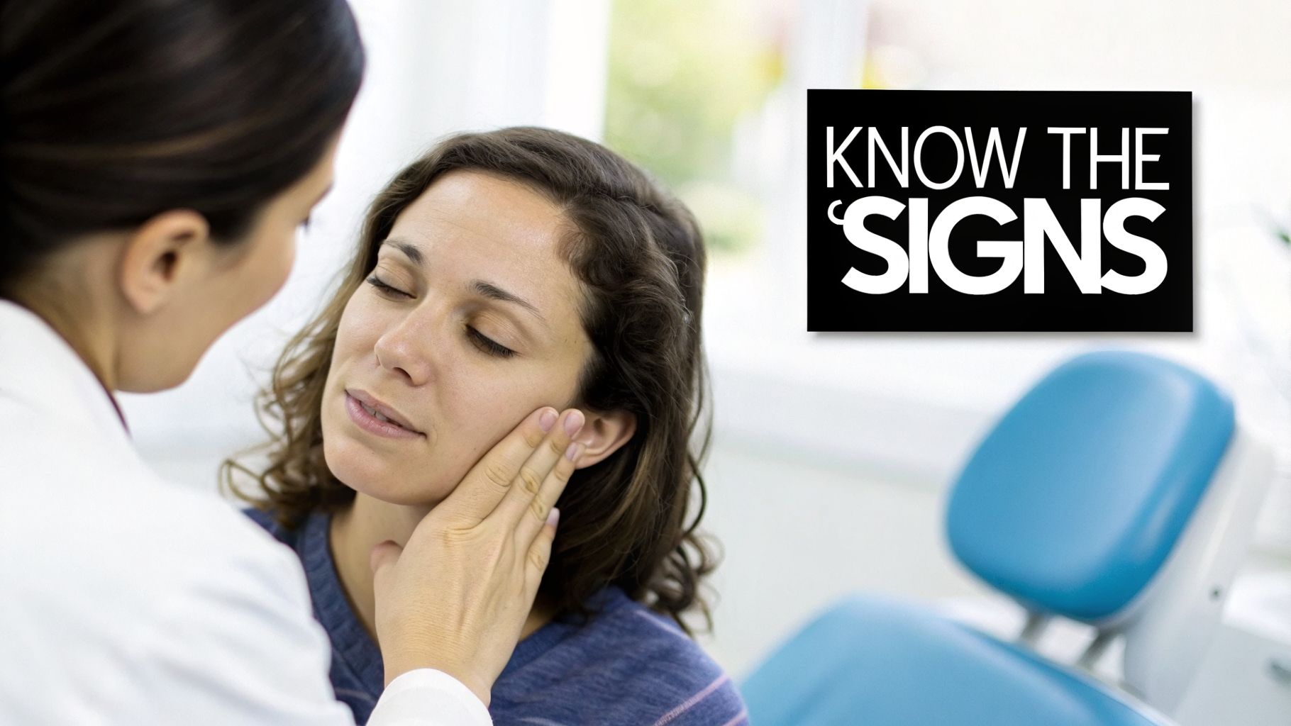 A doctor in a white coat examines a female patient's jaw, who has her eyes closed, with text 'KNOW THE SIGNS'.
