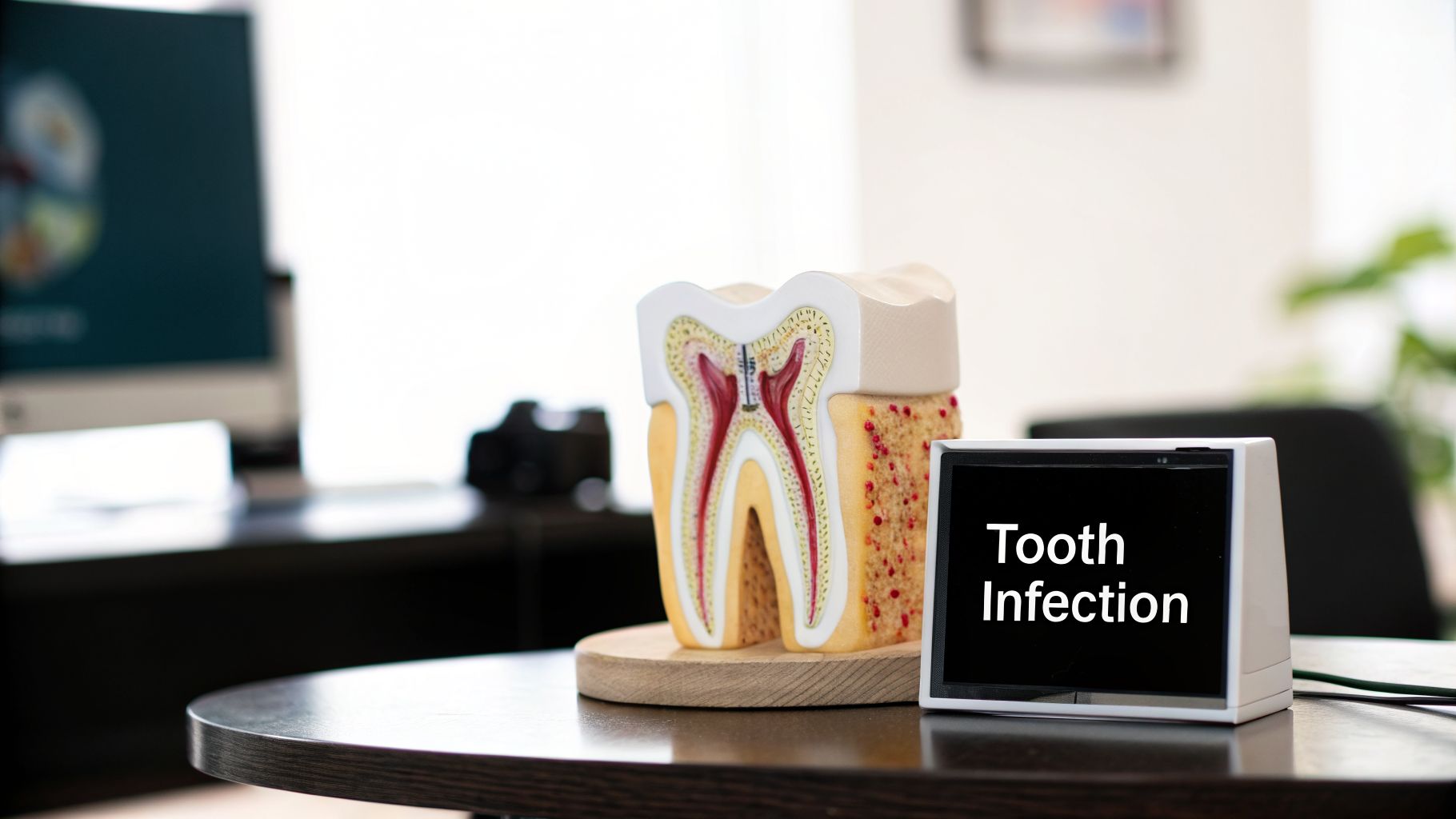 A dental model showing a tooth's cross-section next to a screen displaying 'Tooth Infection'.