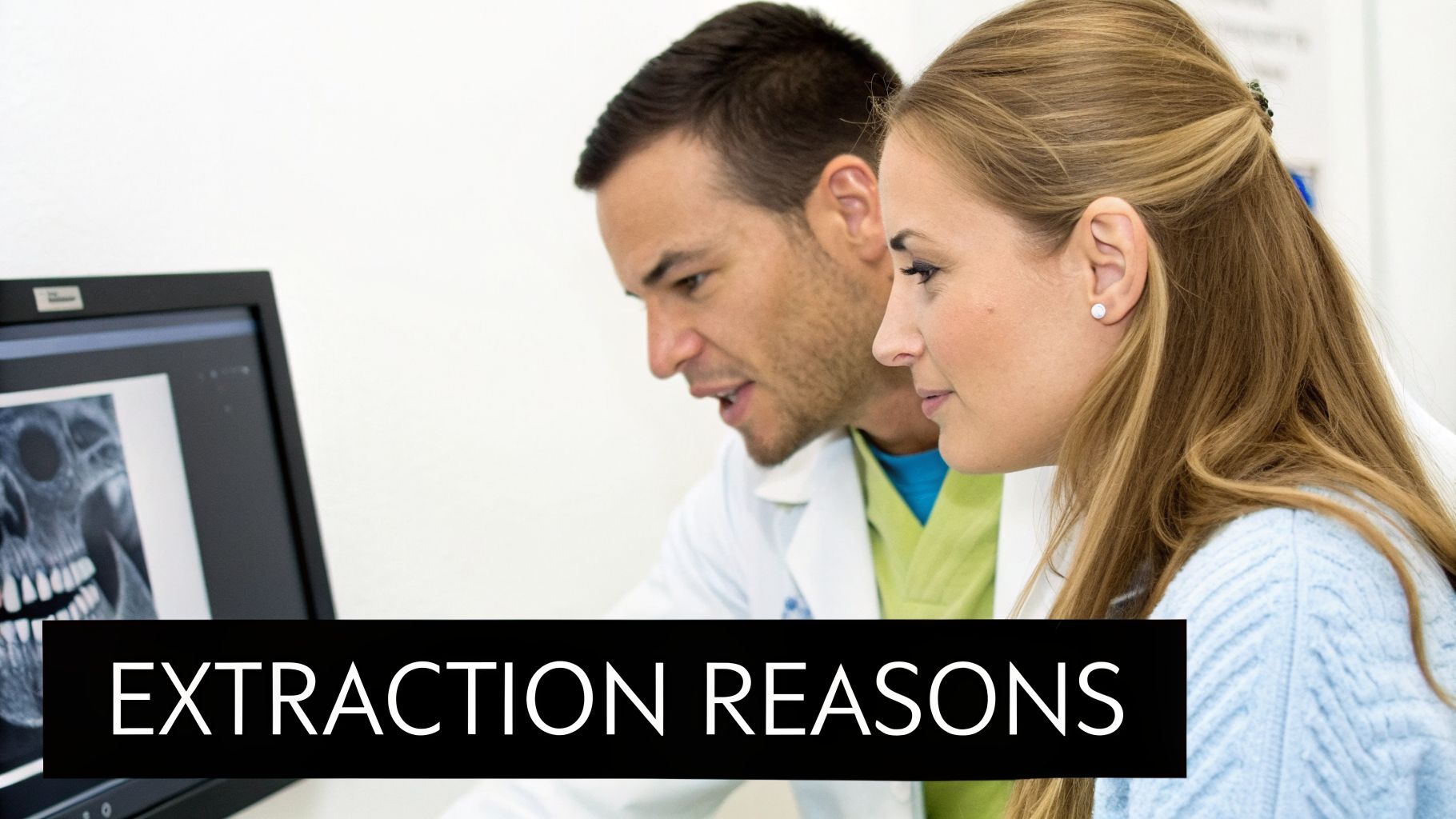 Dentist and patient reviewing a skull X-ray on a computer screen for extraction reasons.