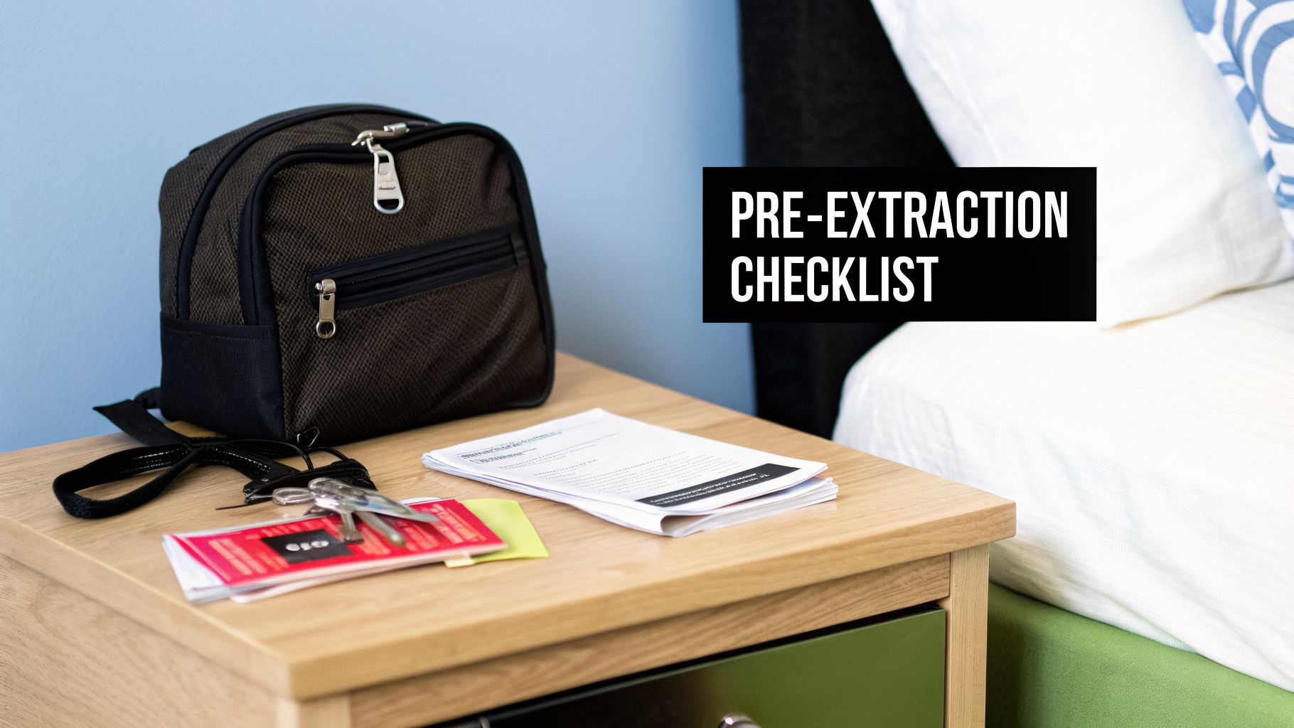 A black and brown backpack, documents, and keys on a wooden bedside table with a 'PRE-EXTRACTION CHECKLIST' overlay.