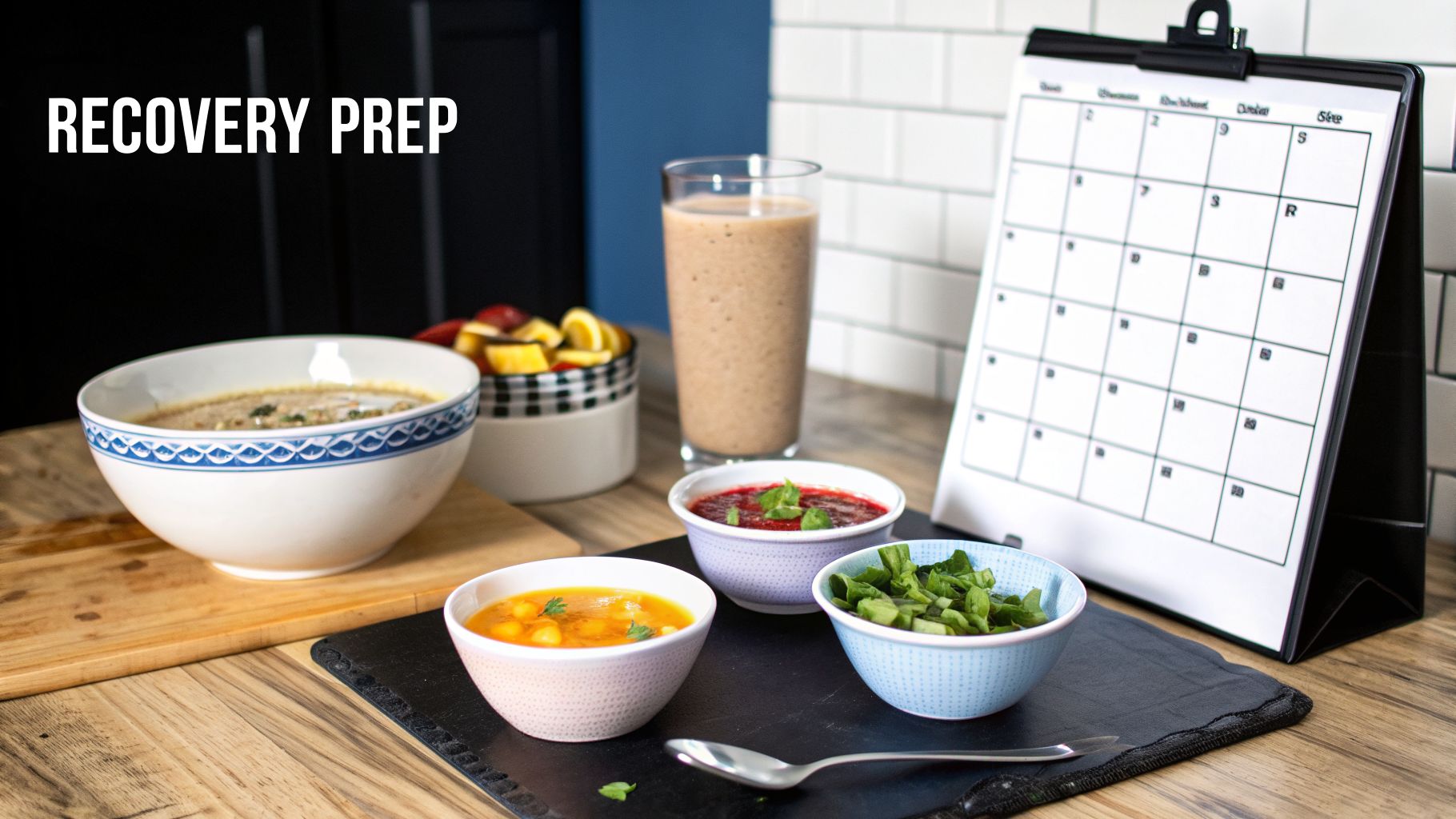 A spread of healthy recovery foods including soups, a smoothie, and fresh fruit on a wooden table.