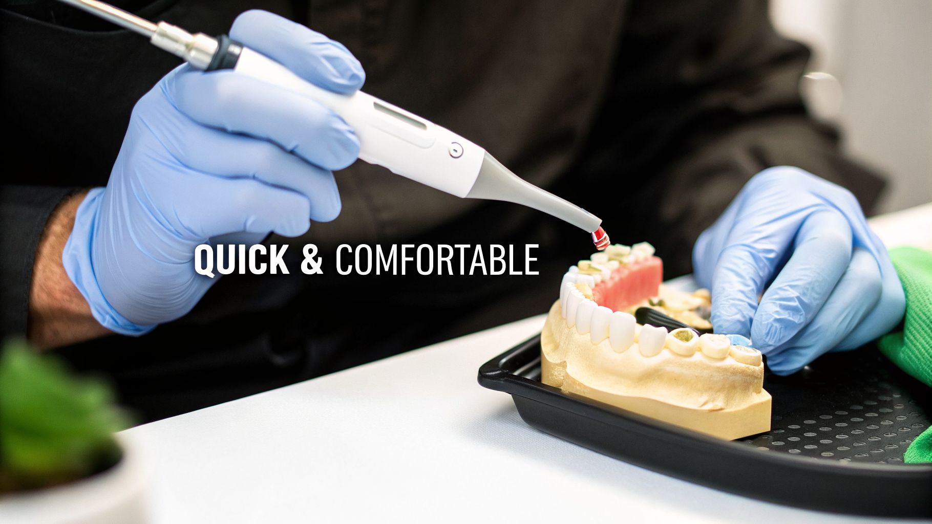 Close-up of a person in blue gloves using a dental tool on a model of teeth.