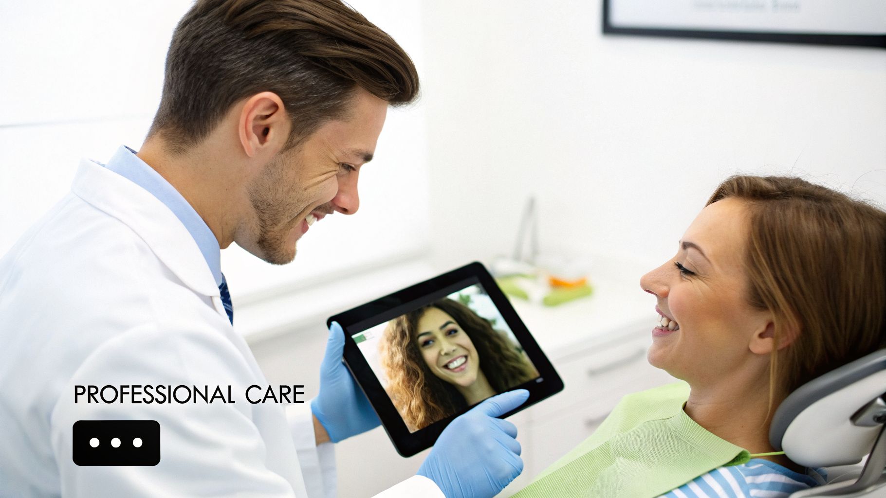 Smiling dentist shows a tablet displaying a happy woman's face to a content female patient.