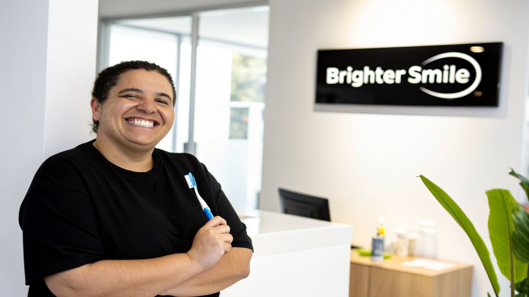 A smiling person with a bright smile holds a toothbrush in a dental office.