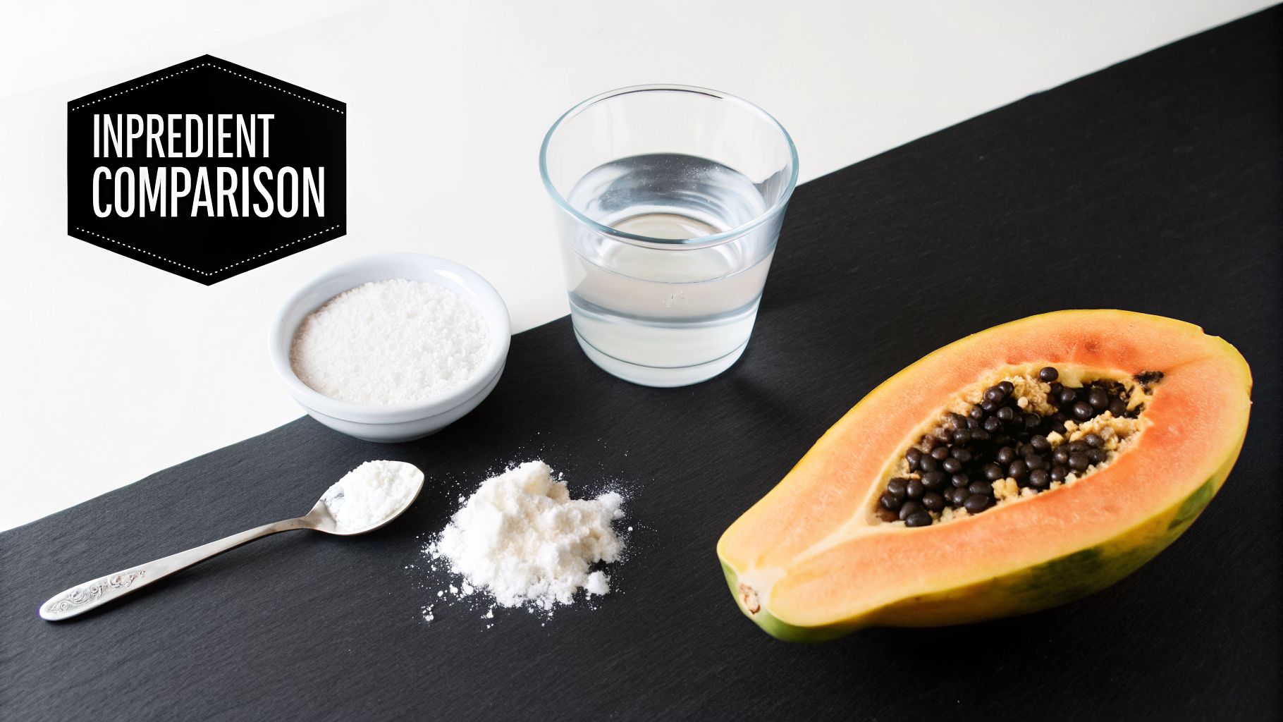 White powder in a bowl and on a spoon, a glass of water, and a cut papaya for ingredient comparison.