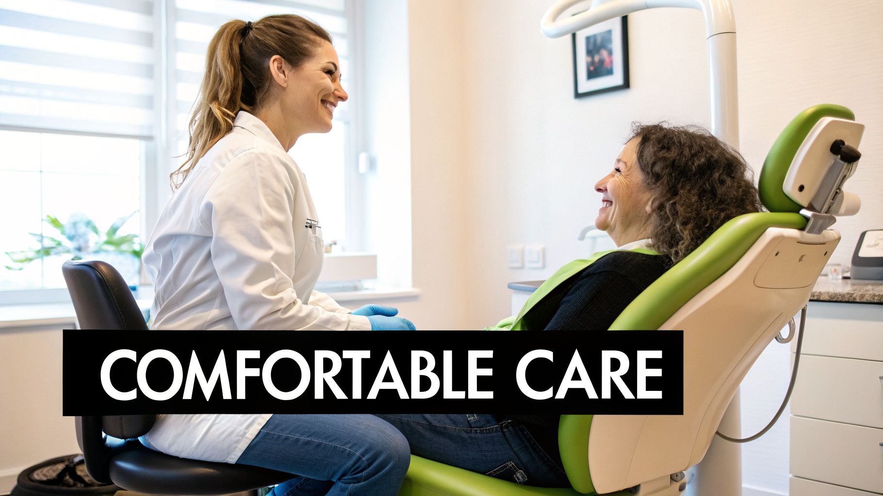 A smiling female dentist provides comfortable care to a happy female patient in a green dental chair.