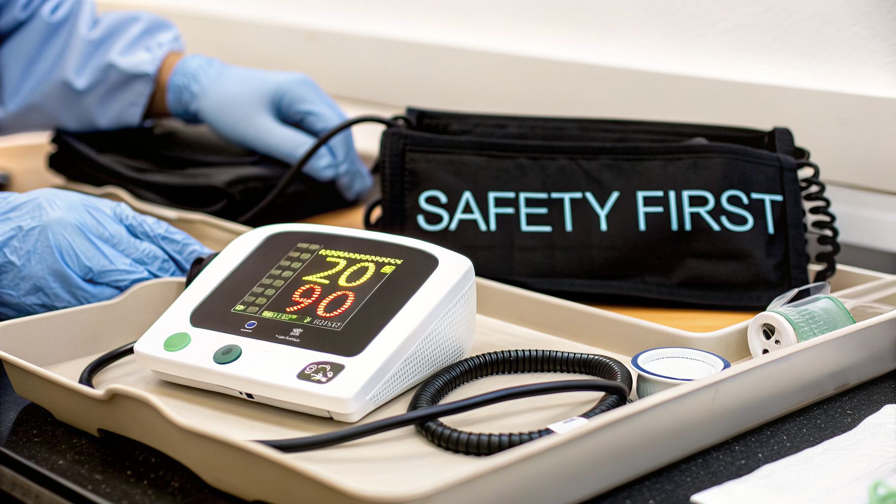 Medical monitor displaying readings, a 'SAFETY FIRST' bag, and gloved hands on a tray.