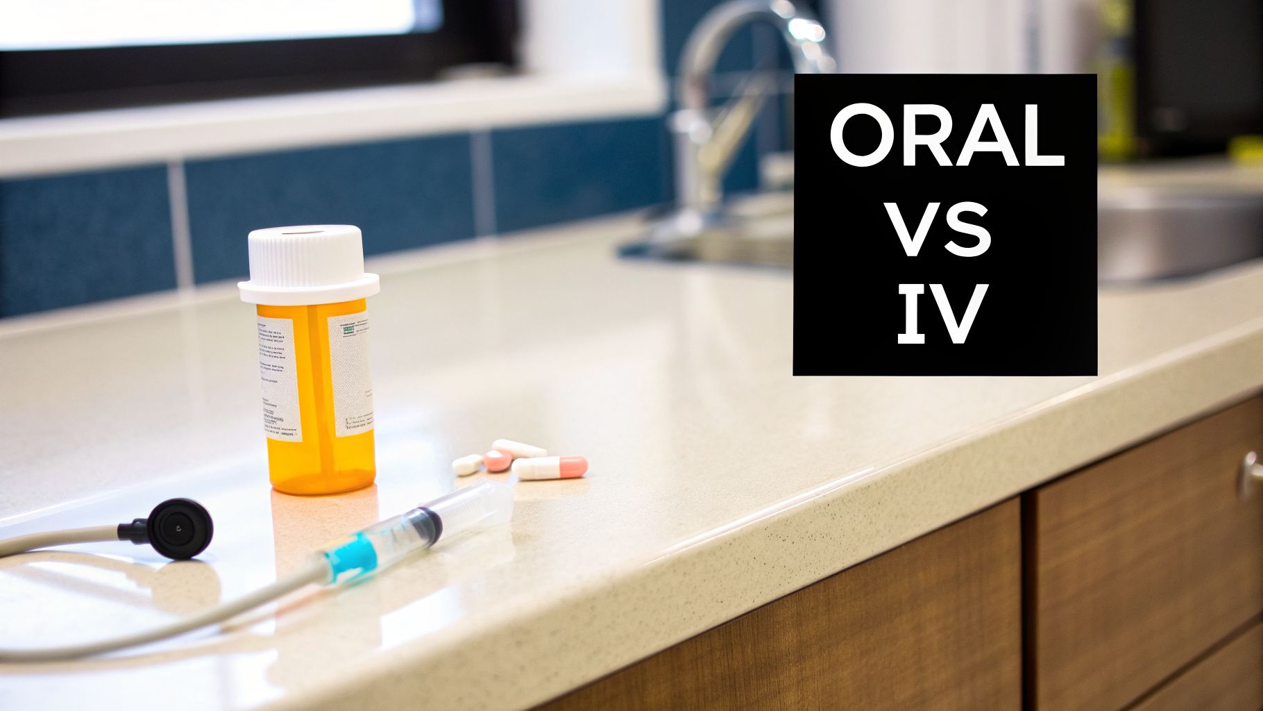 Pill bottle, capsules, and a syringe on a countertop, with text 'ORAL VS IV' overlay.