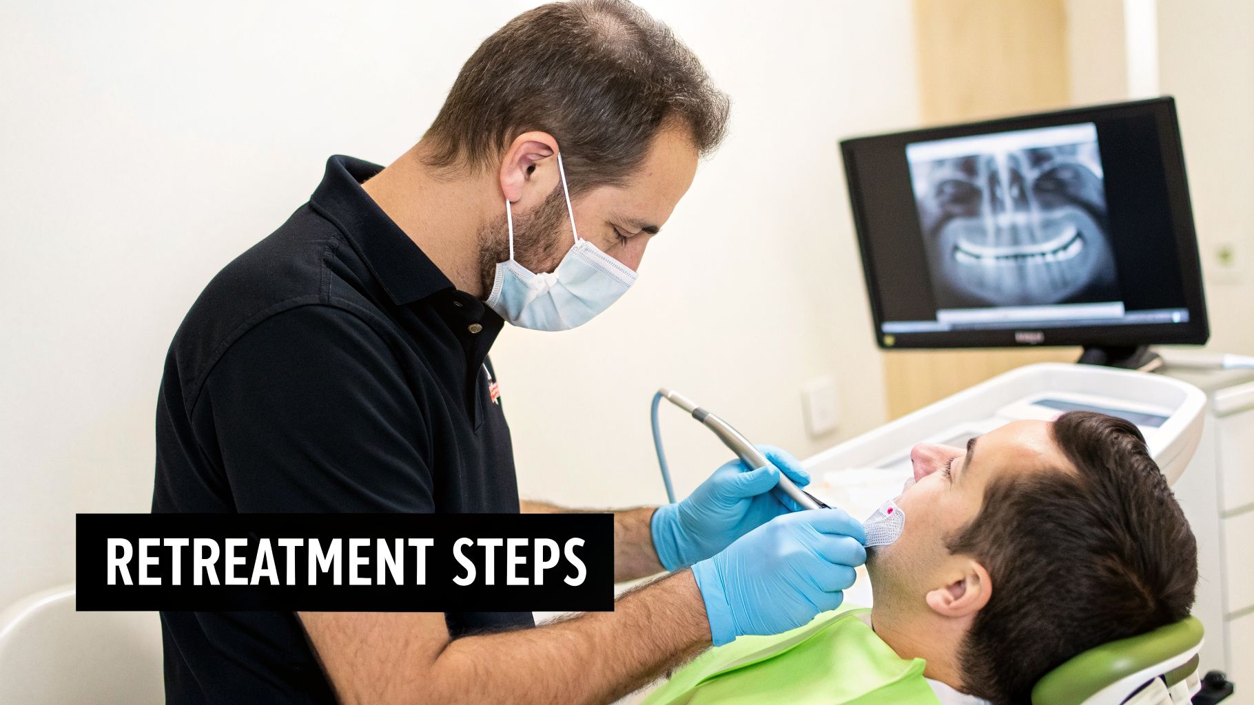 A dentist wearing a mask and gloves performs a dental retreatment on a patient in a clinic.