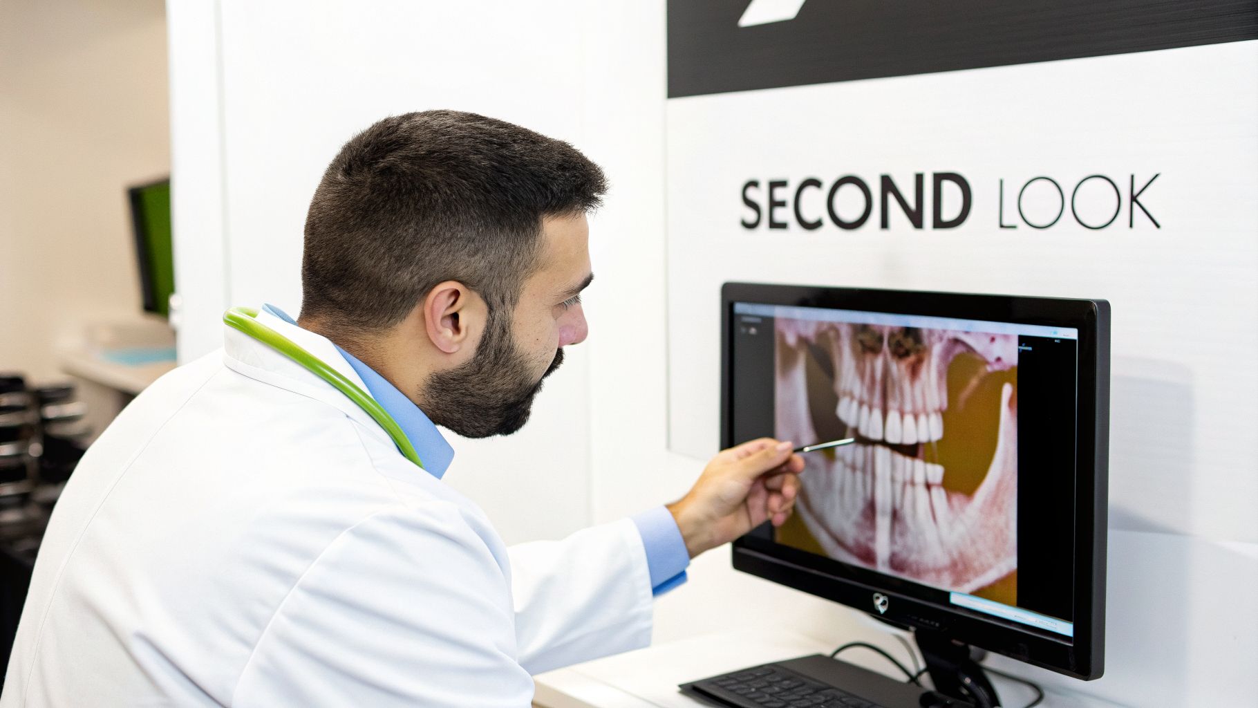 A dentist in a white coat reviews a dental X-ray on a monitor, pointing with a stylus.