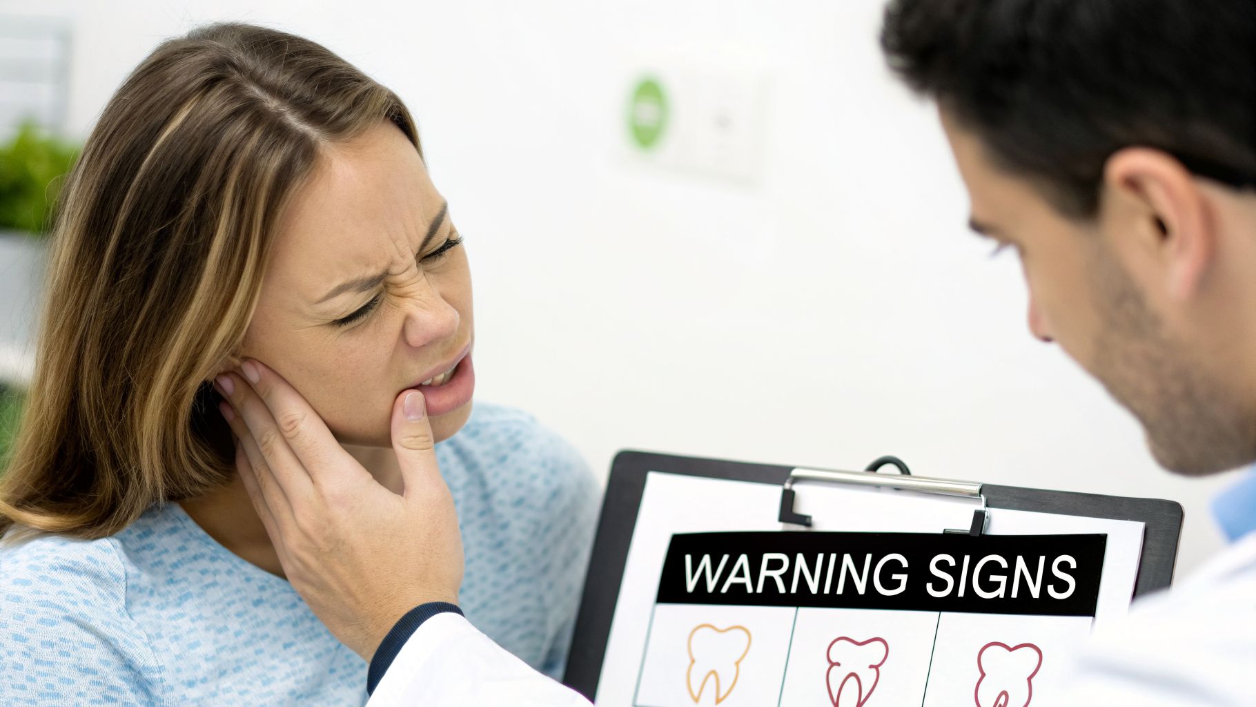 A woman grimaces in pain, holding her jaw while a dentist shows her a chart of dental warning signs.