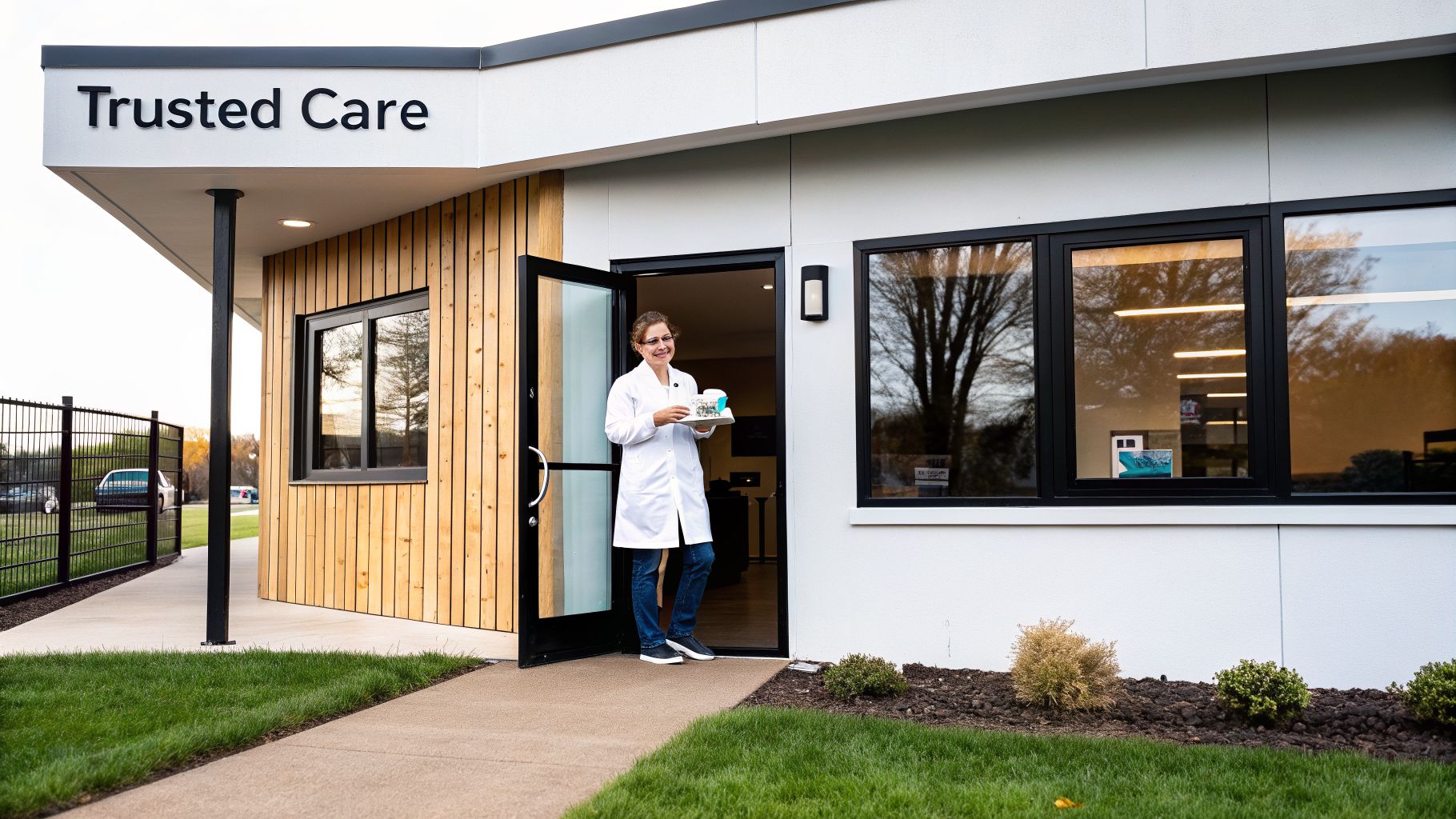 Smiling woman in lab coat stands in the doorway of a modern 'Trusted Care' building, holding a tray.
