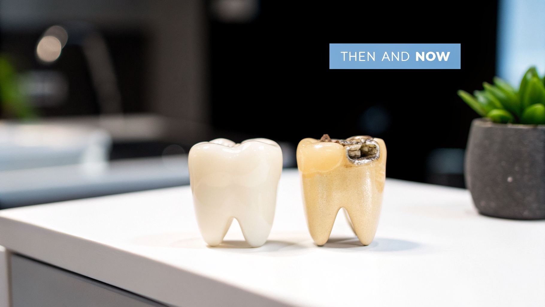 Two dental models showcasing transformation: a bright white healthy tooth and a discolored tooth with an old silver filling, labeled 'Then and Now'.