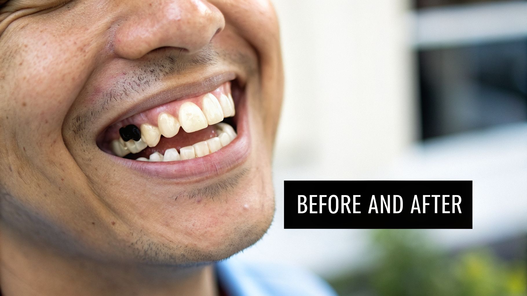 Close-up of a smiling person's mouth, showing a before-and-after comparison of dental work, with one tooth changing from black to white.