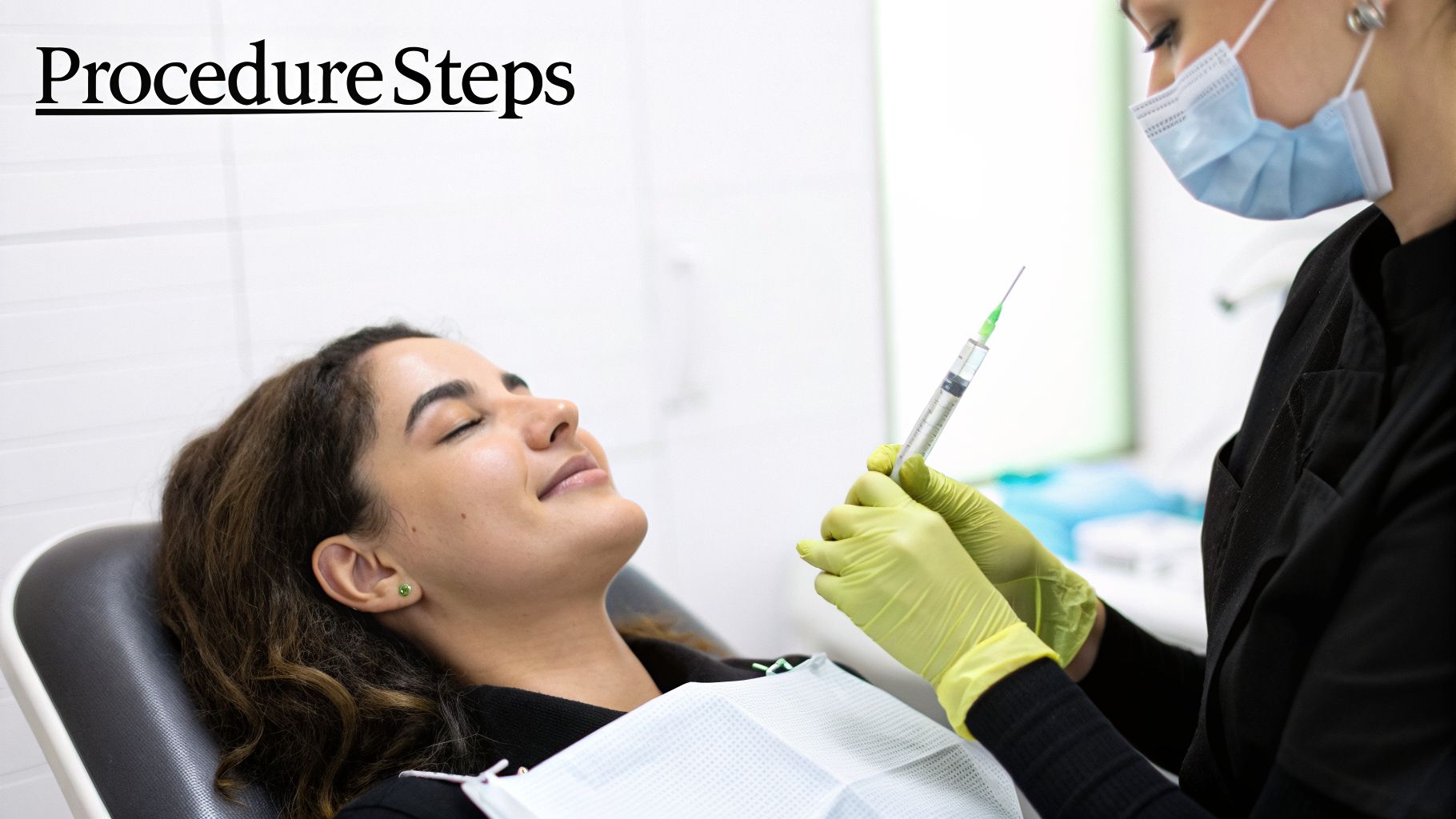 A healthcare professional in gloves prepares a syringe for a procedure on a relaxed patient.