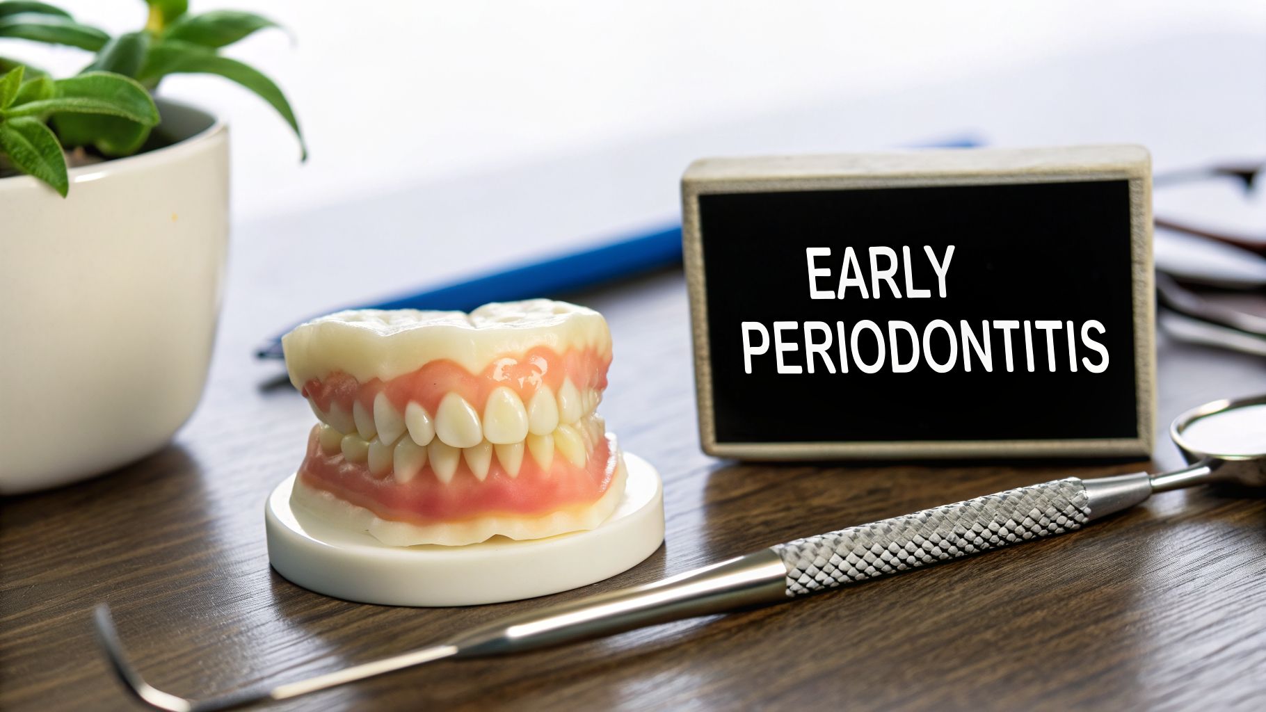 A dental model of teeth and gums, a dental probe, and a sign displaying 'EARLY PERIODONTITIS' on a wooden surface.