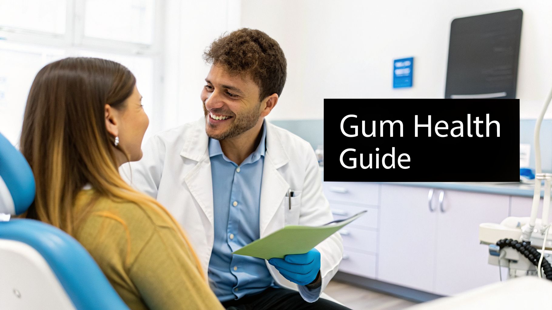 A friendly male dentist in a white coat talks to a female patient about gum health in a clinic.