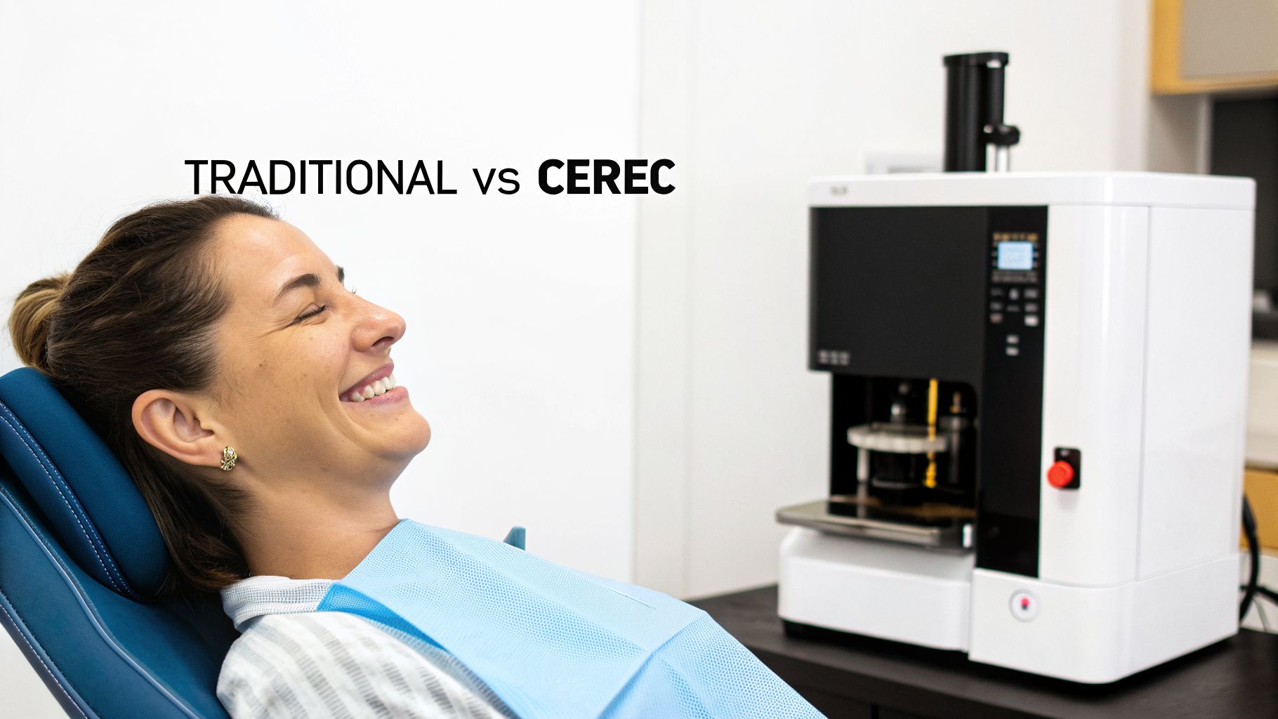 Smiling woman in dental chair, comparing 'TRADITIONAL vs CEREC' dental procedures with a milling machine.