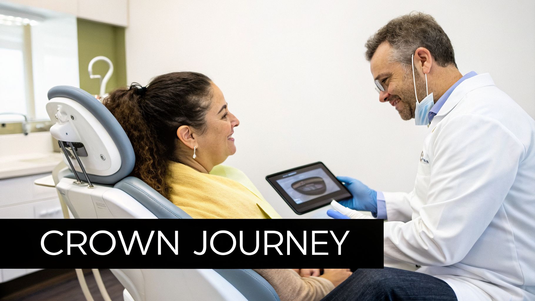 A dentist shows a smiling female patient a digital image of a dental crown on a tablet.
