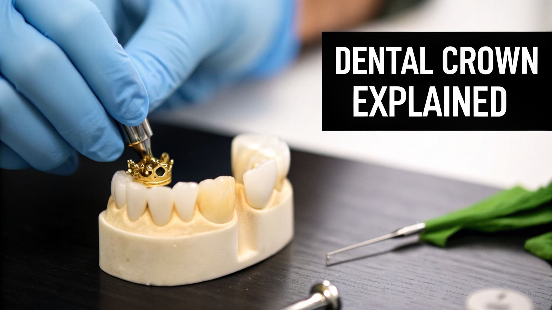 A gloved hand places a small golden crown onto a dental model, explaining a dental crown.