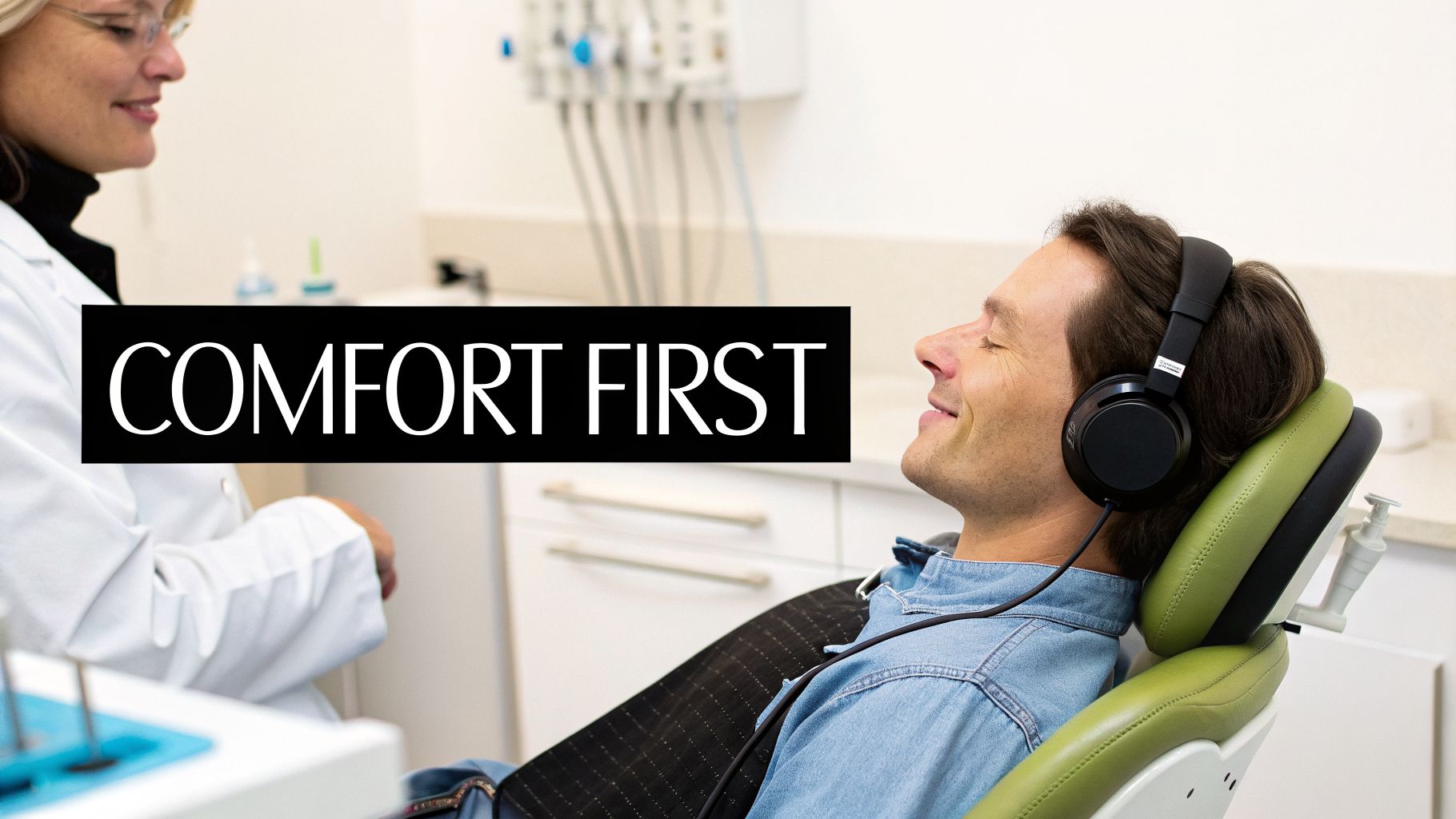 Smiling dentist watches a relaxed patient in a dental chair, wearing headphones with 'COMFORT FIRST' overlay.
