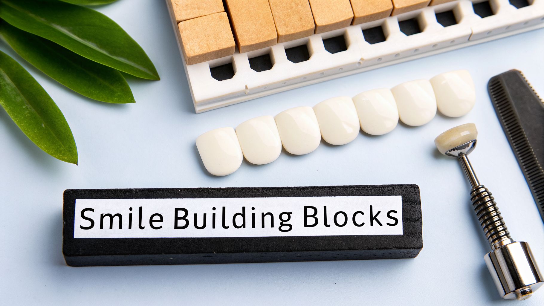A sign saying 'Smile Building Blocks' with dental veneers, a shade guide, and tools, symbolizing cosmetic dentistry.