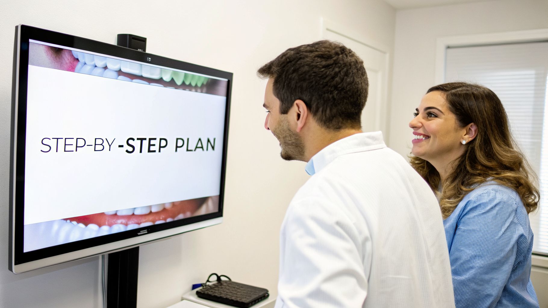 A male dentist and smiling female patient review a "STEP-BY-STEP PLAN" for teeth on a screen.