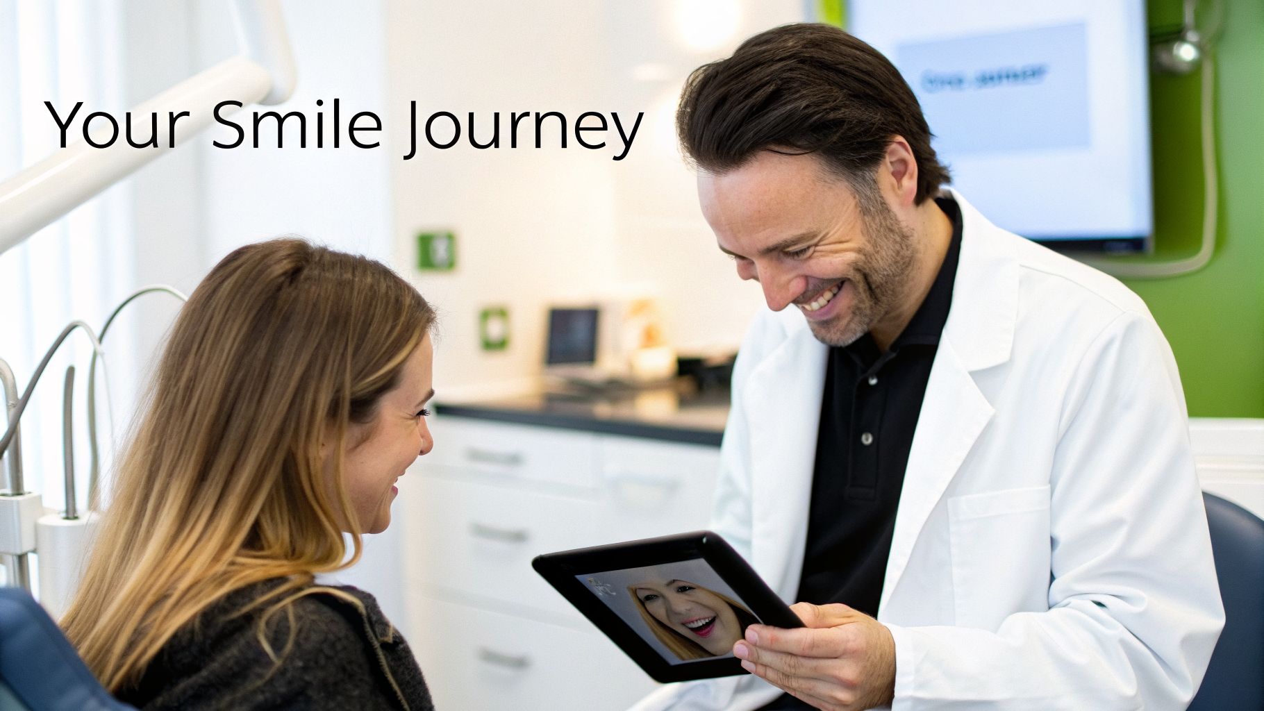 Dentist showing a smiling female patient her smile transformation results on a tablet.