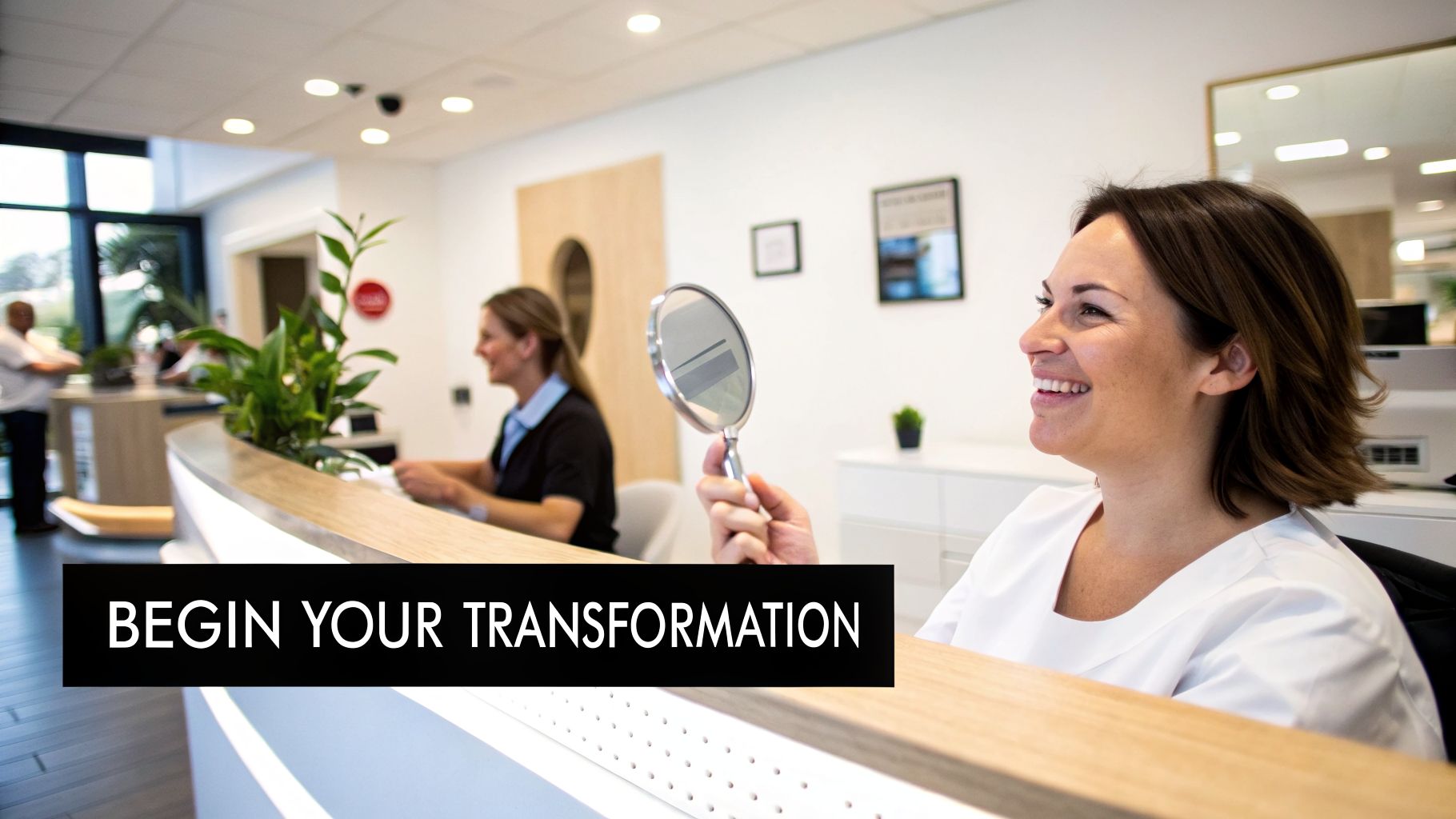 A smiling woman in a white uniform holds a mirror at a modern clinic reception desk.