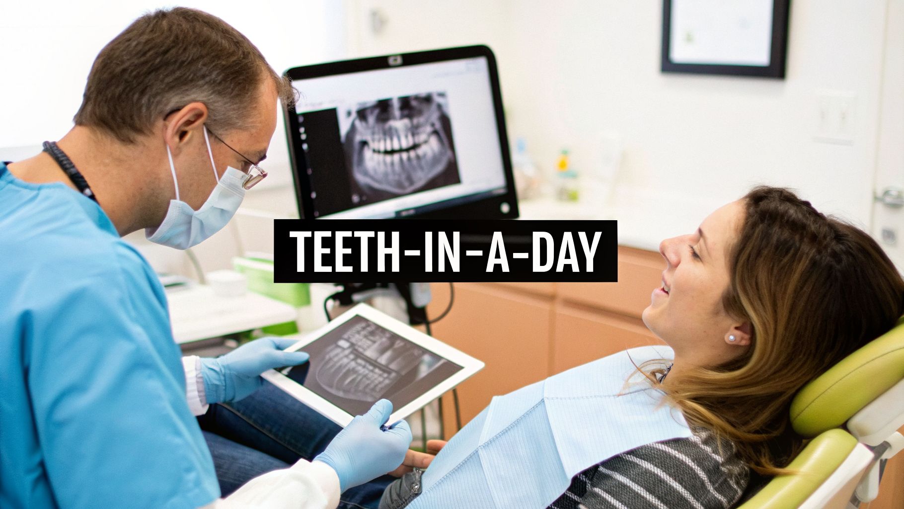 A dentist wearing scrubs and a mask explains dental X-rays on a tablet to a female patient.